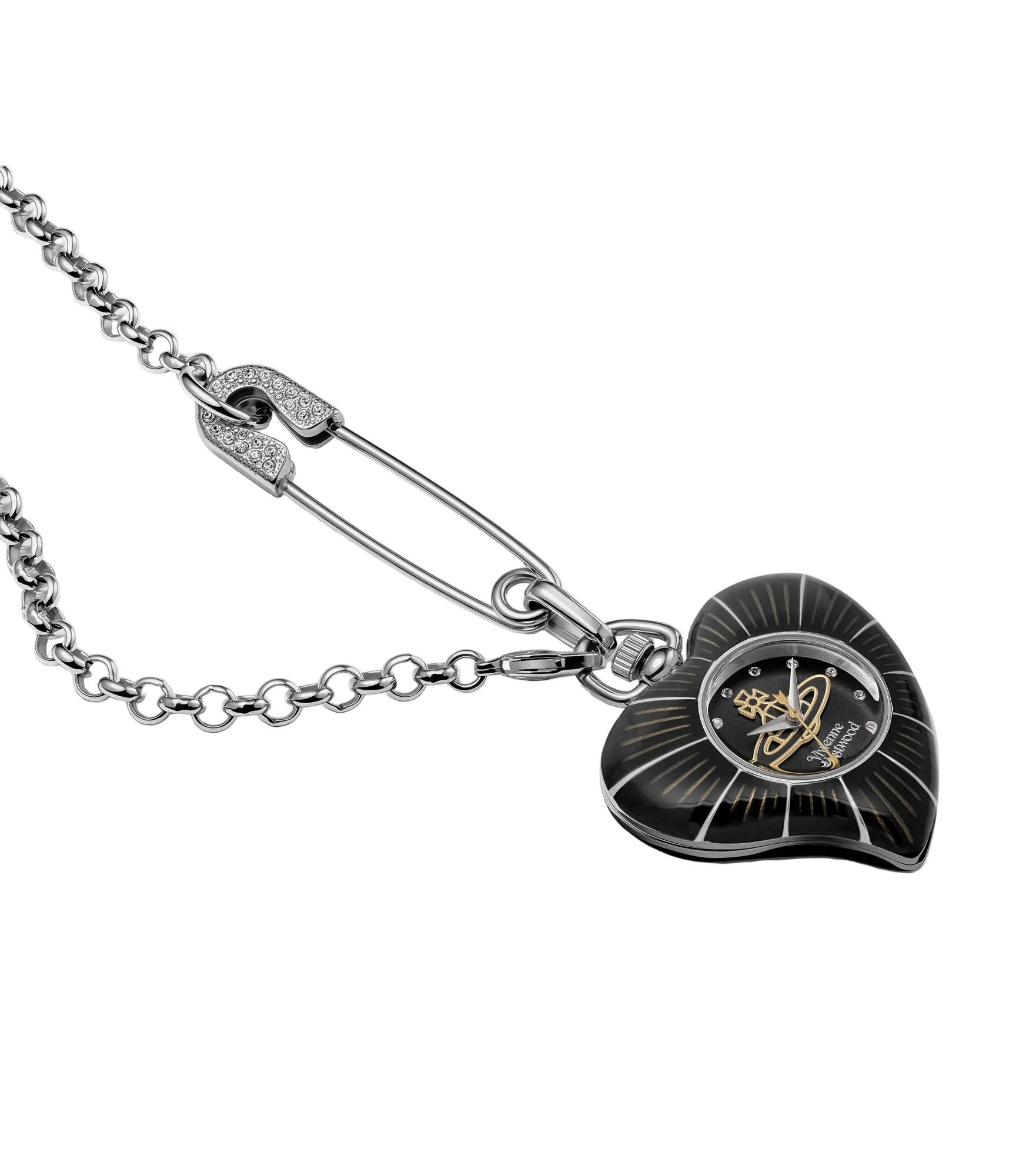 Vivienne Westwood Heart Pendant women's watch with a black dial and silver pendant chain. Clasp and case back detail.