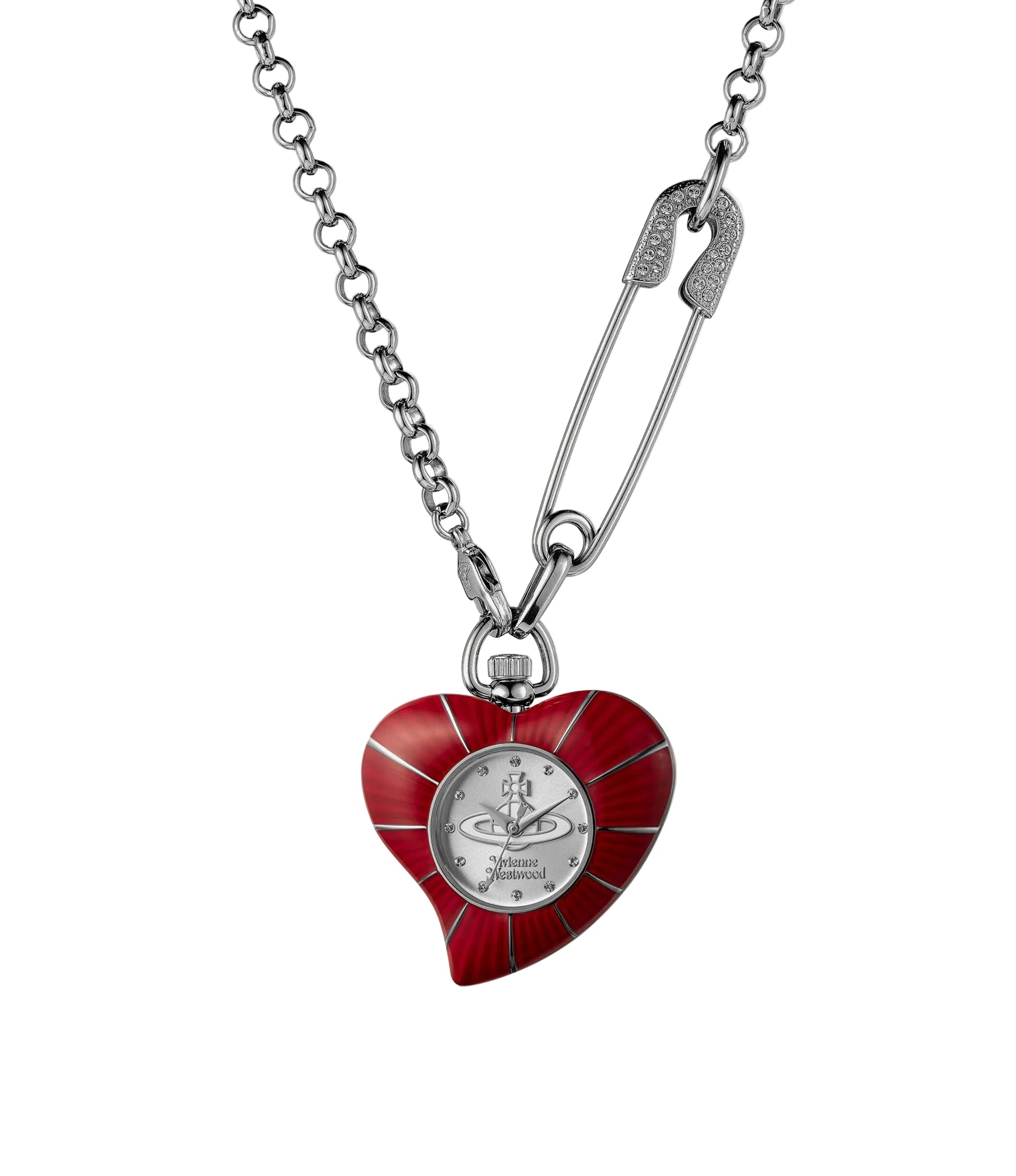Vivienne Westwood Heart Pendant women's watch with a silver dial and silver pendant chain.