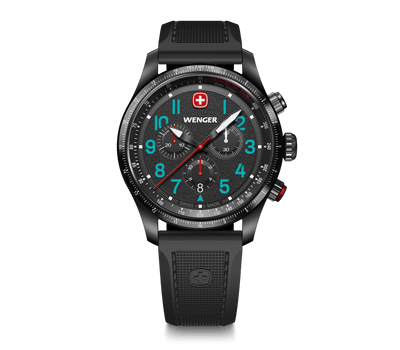 Wenger Terragraph Chrono 43mm Black Dial Silicone Band Blue Markers Watch 01.0543.116