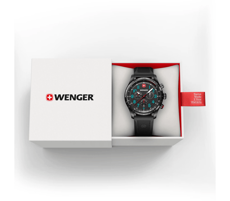 Wenger Terragraph Chrono 43mm Black Dial Silicone Band Blue Markers Watch 01.0543.116