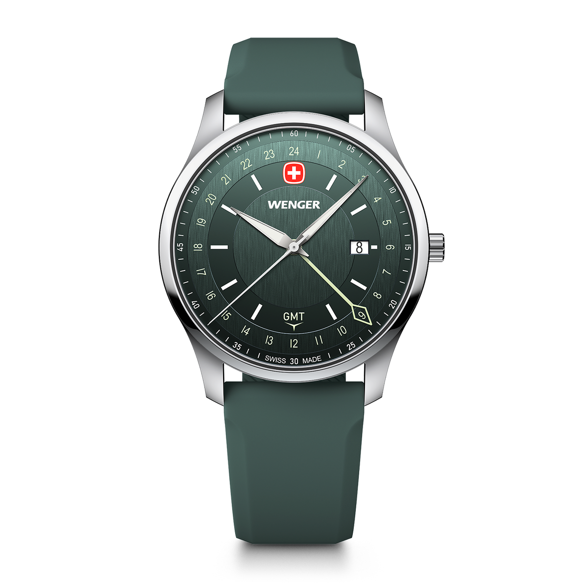 Wenger City GMT 42 01.1442.101 front view with green dial, date window and 24-hour GMT hand