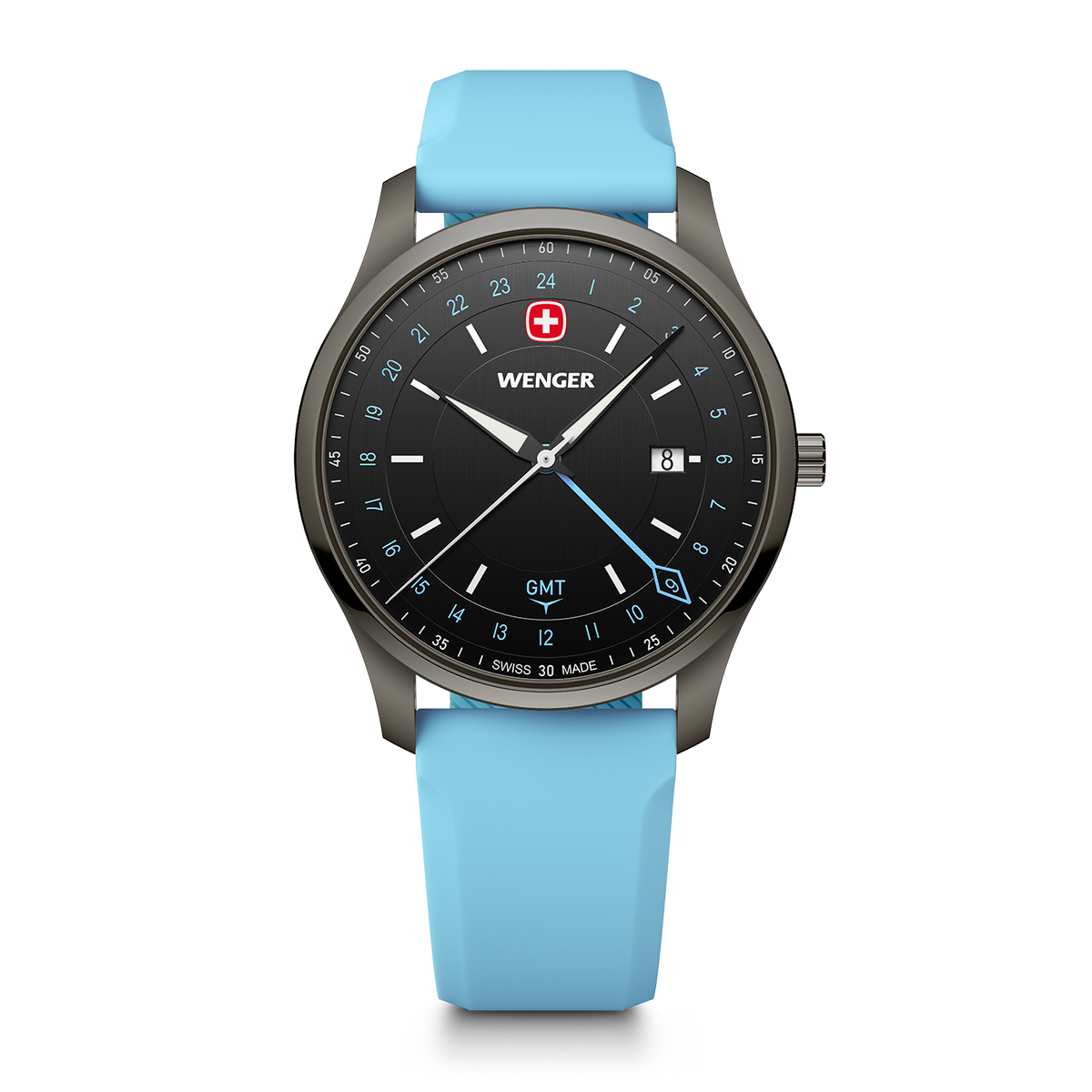 Wenger City GMT 42 01.1442.103 front view with black dial, blue strap and 24-hour GMT hand