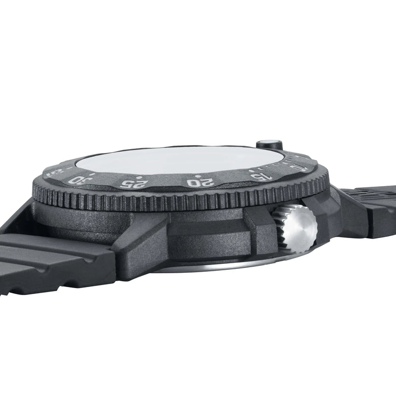 Side view of a wristwatch bezel and part of the watch case.