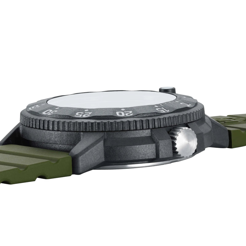 Wristwatch with a black bezel and green strap.