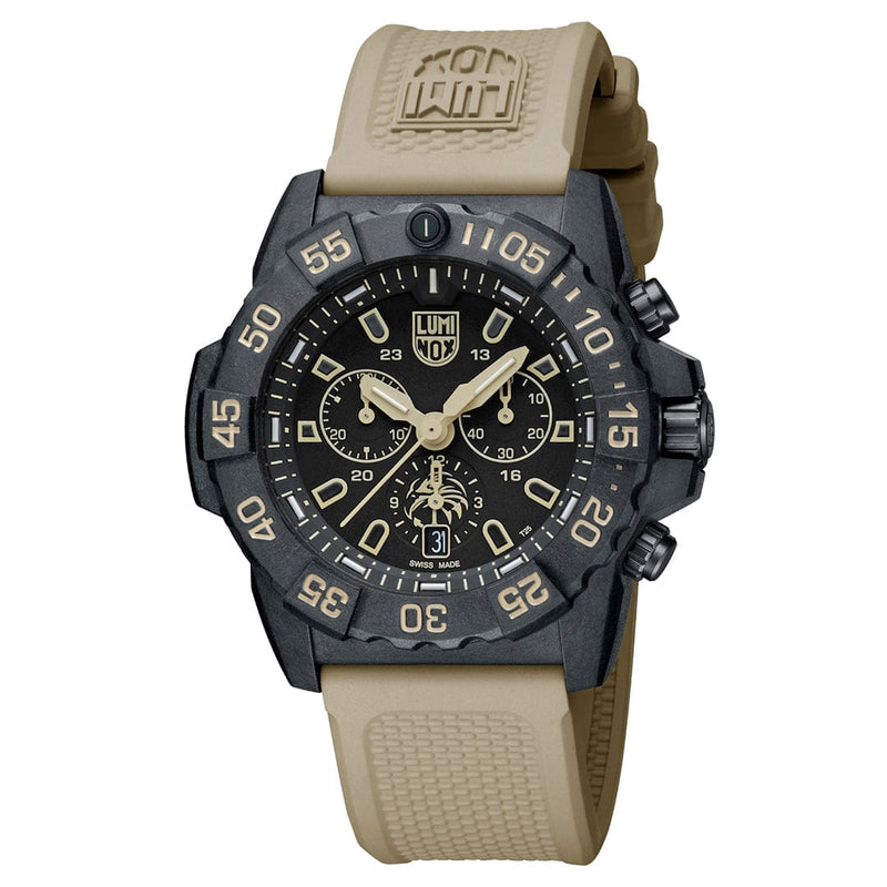 Rugged sports watch with a black face, beige strap, and luminous hands.