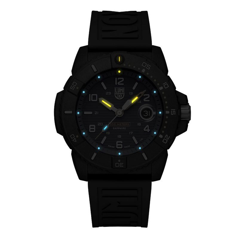 Black tactical wristwatch with luminous markings on the dial.