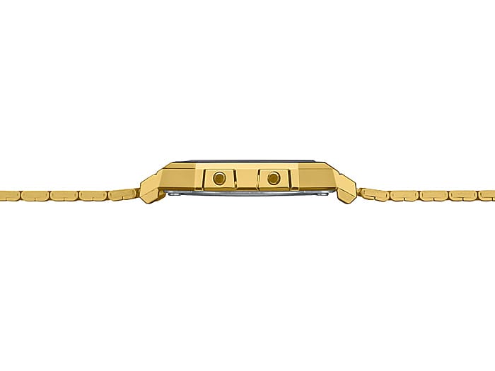 Casio Vintage A700WG-9A gold-tone digital watch, angled view showing the slim 6mm case profile