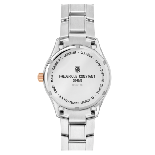 Silver wristwatch with a metal bracelet and Frederique Constant branding on the caseback.
