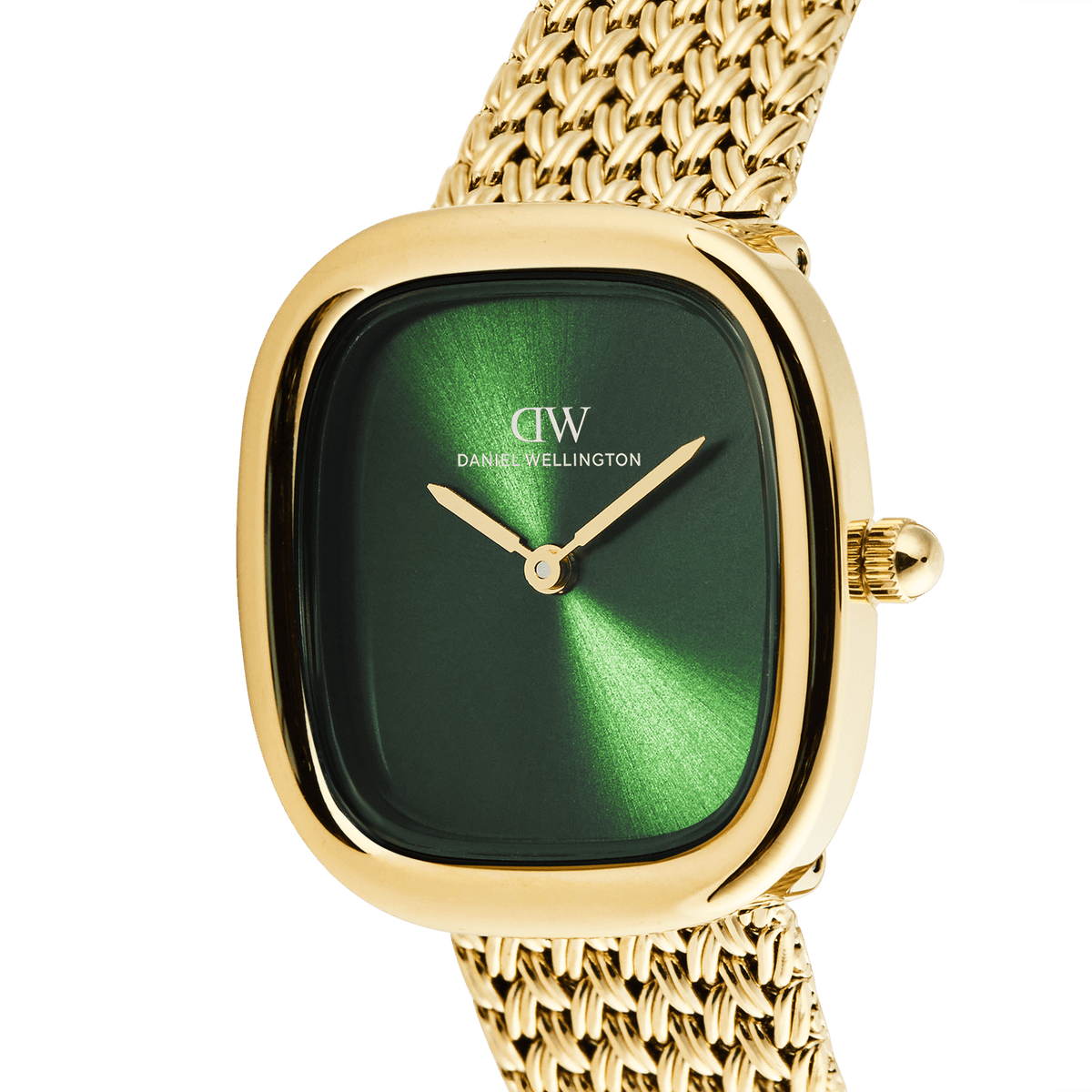Daniel Wellington Margot Braided Mesh Emerald Gold DW00100967 women's watch with green sunray dial and gold mesh strap