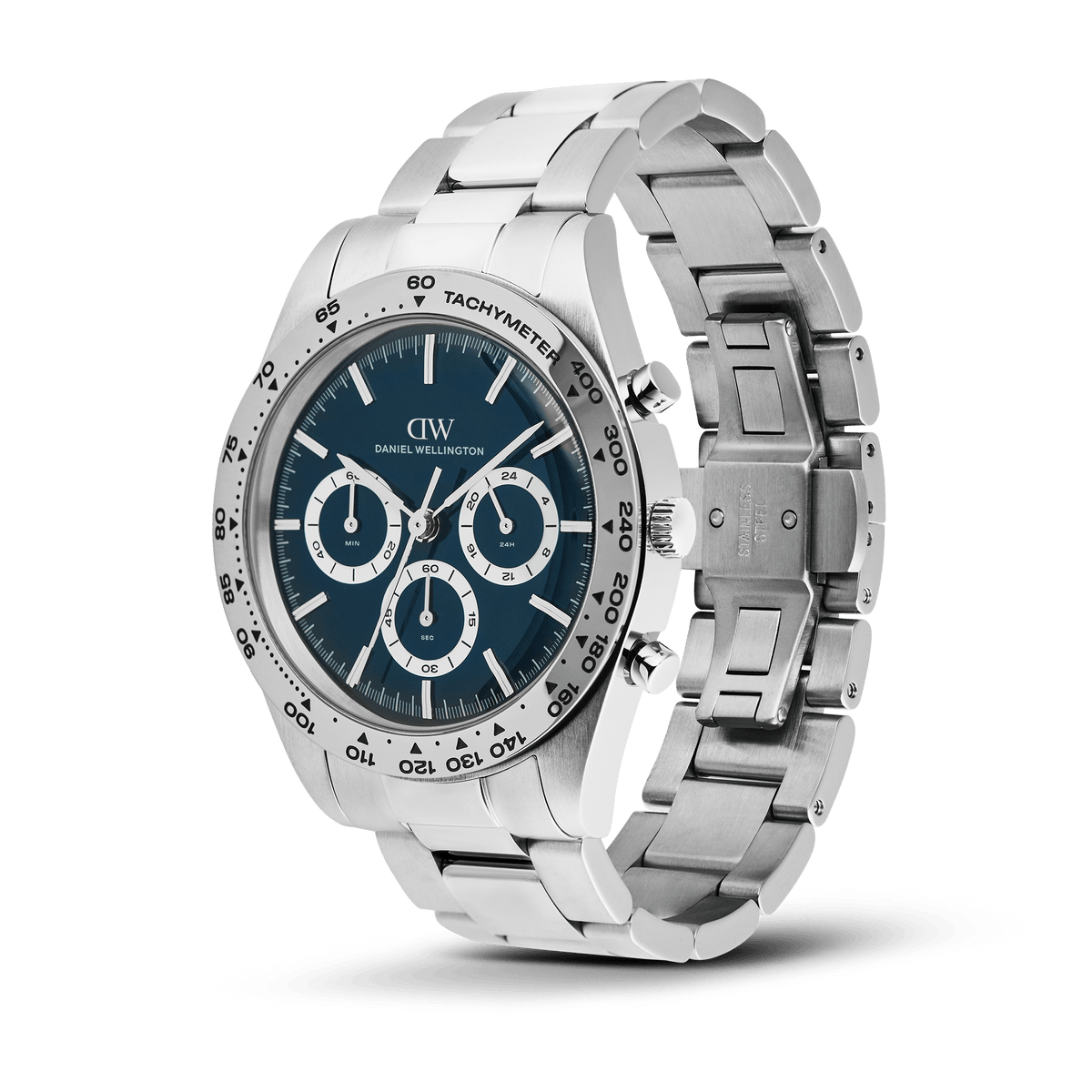 Daniel Wellington Iconic Tachymeter 3-Link Arctic Silver DW00100949 men's watch with blue plain dial and silver link strap