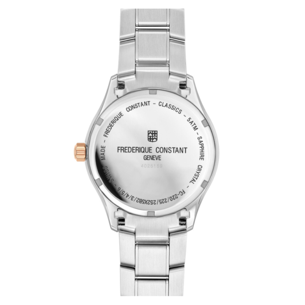 Silver wristwatch with a metal bracelet and Frederique Constant branding on the caseback.