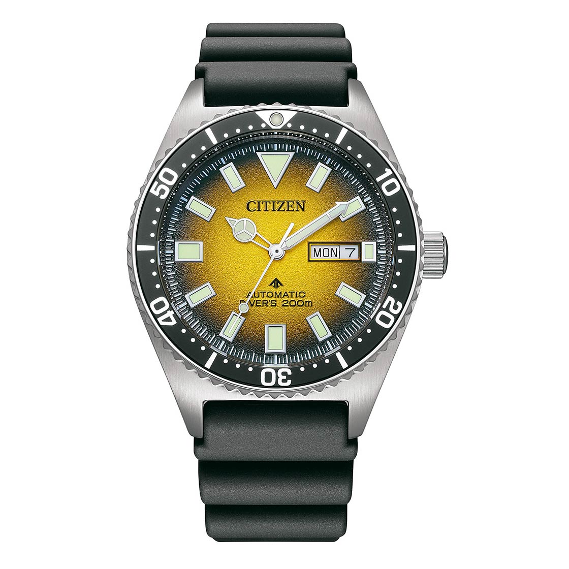 Citizen dive watch with a yellow gradient dial and black rubber strap.