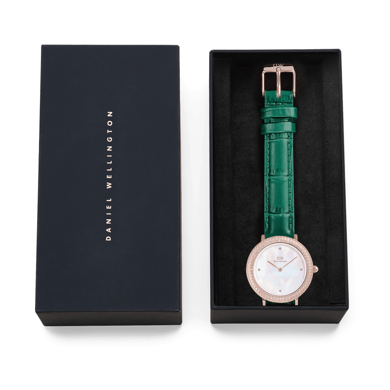 Daniel Wellington Crystalline Bezel Green Croc Rose Gold White Dial Watch DW00100826