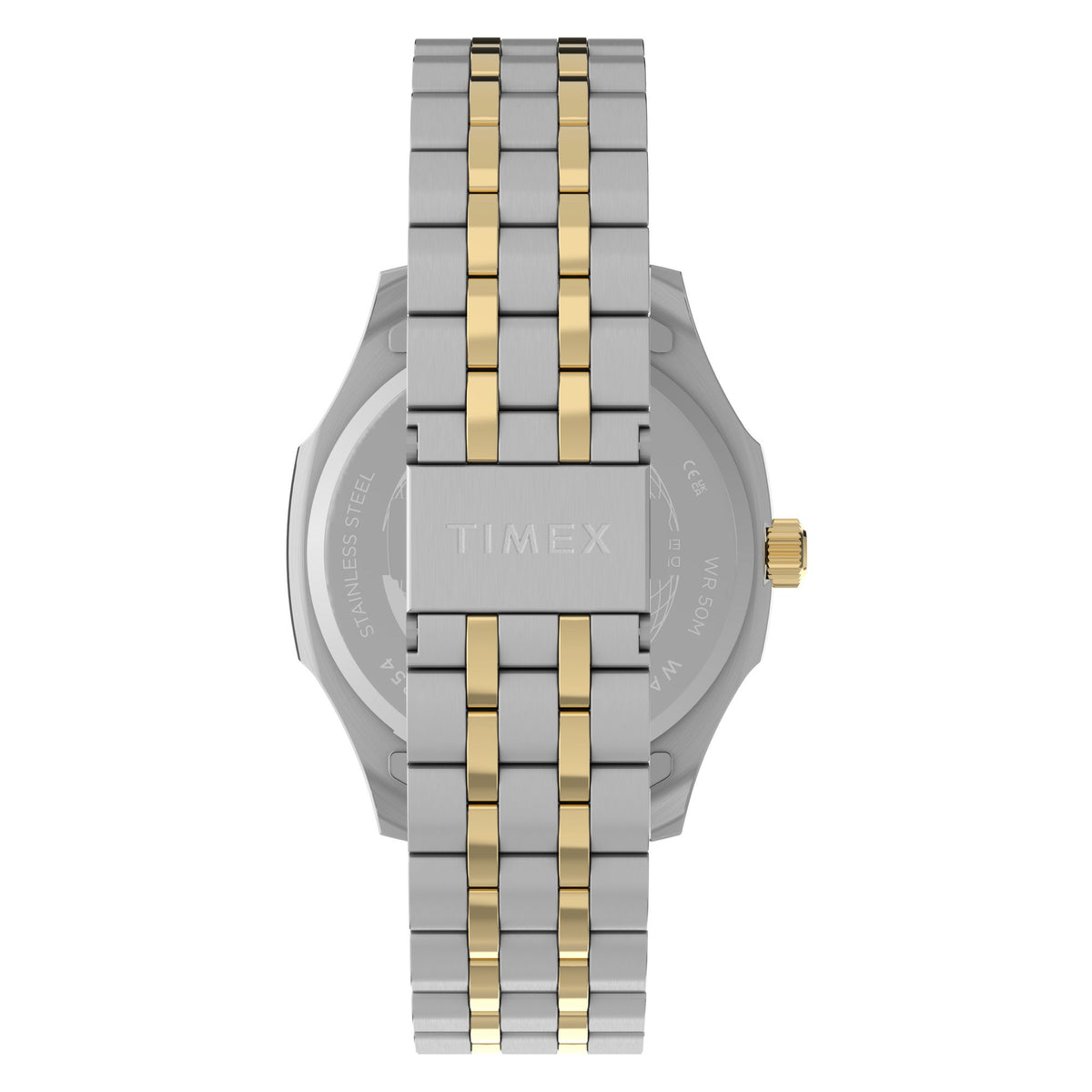 Timex TW2Y91400 green ribbed dial on a two-tone bracelet, rear flat-lay with strap