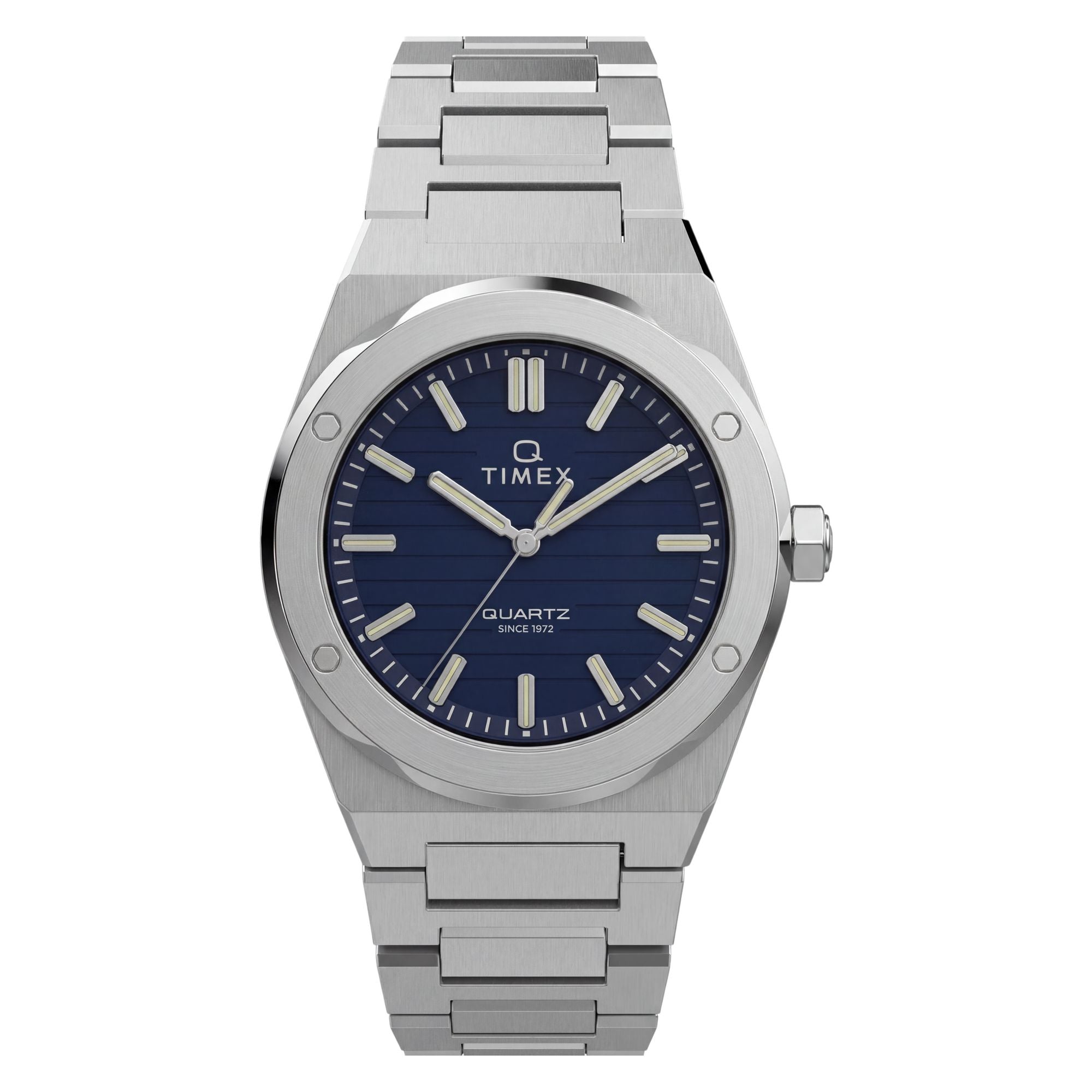 Timex Q Timex TW2Y81400 navy ribbed dial on a stainless steel bracelet, front-on