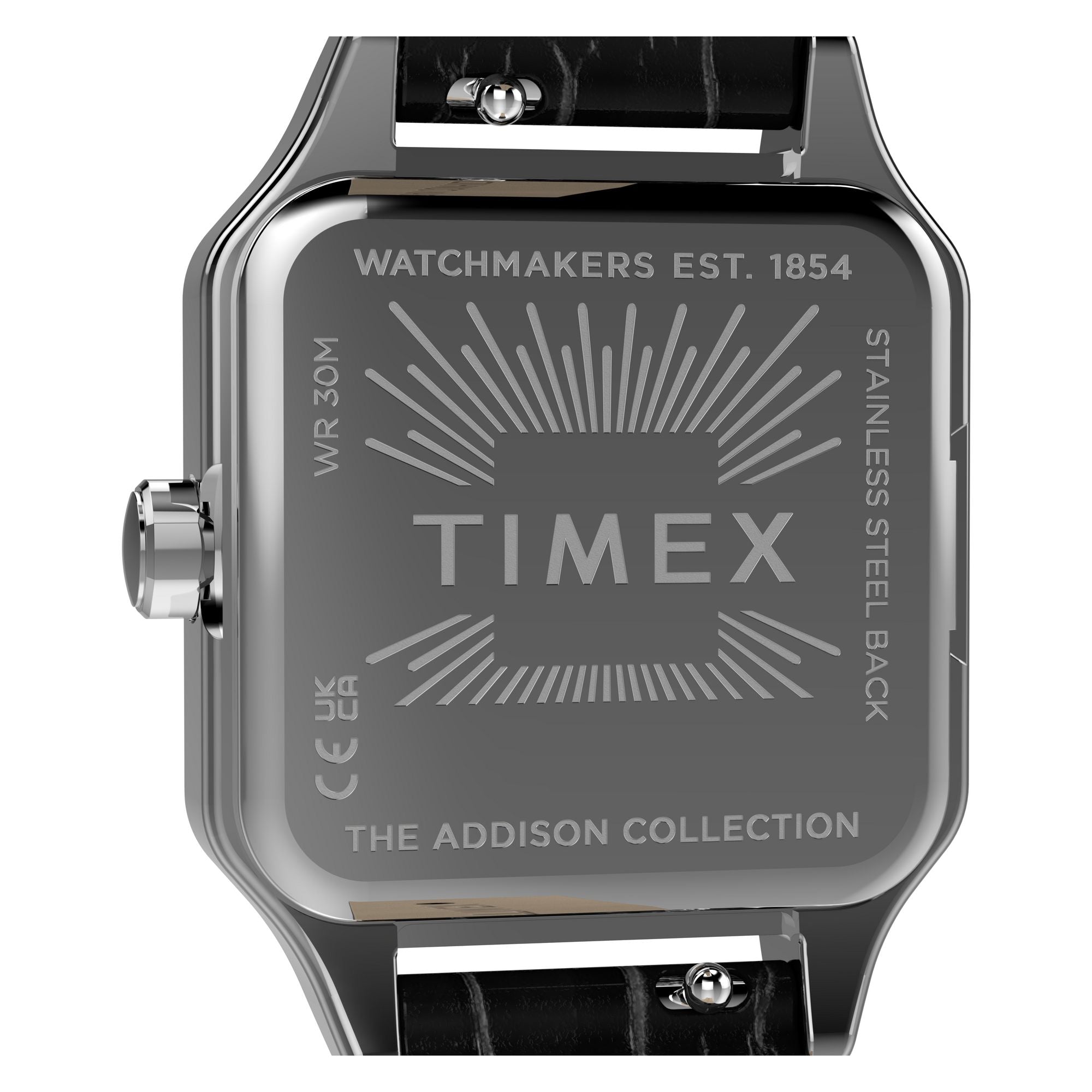 Timex Addison TW2Y90600 silver dial with Roman numerals on a black leather strap, caseback