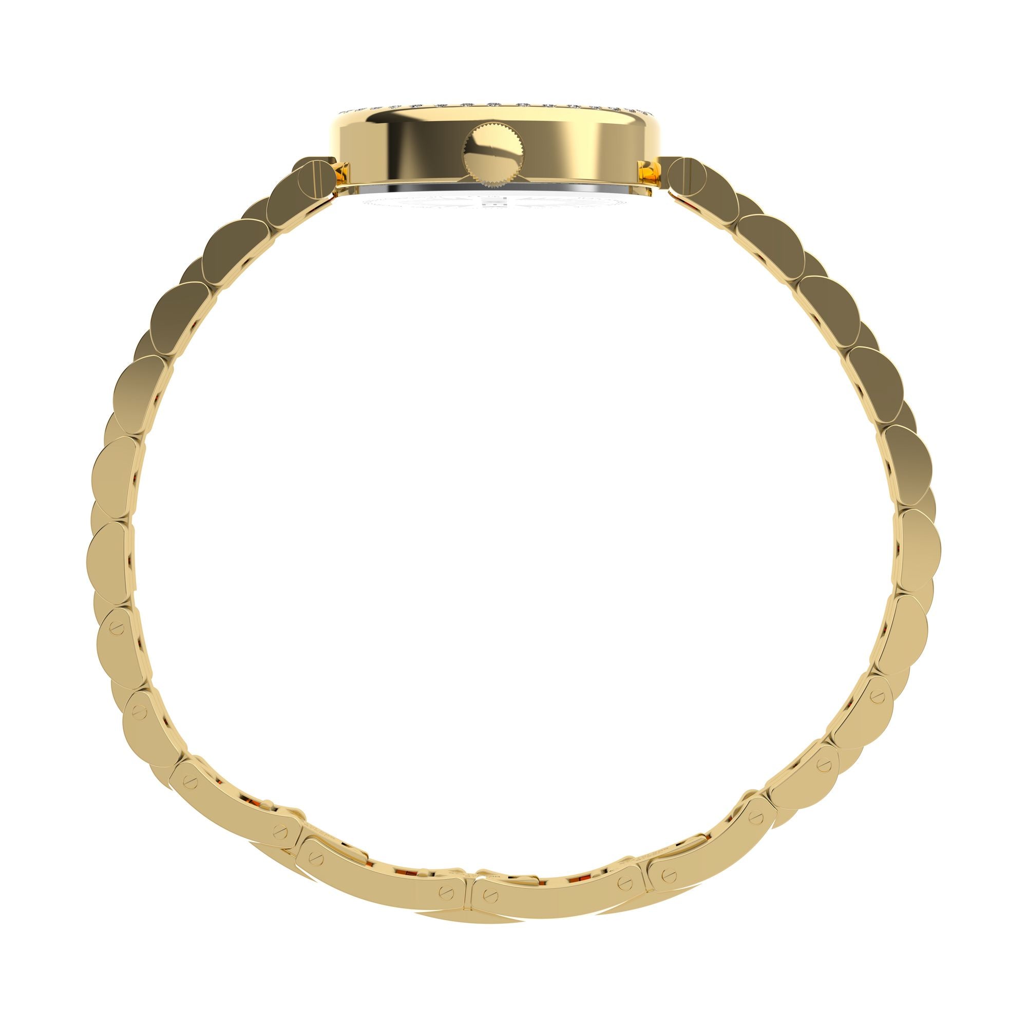 Timex Cavatina TW2Y90100 champagne dial with crystal-set bezel on a gold-tone bracelet, case profile