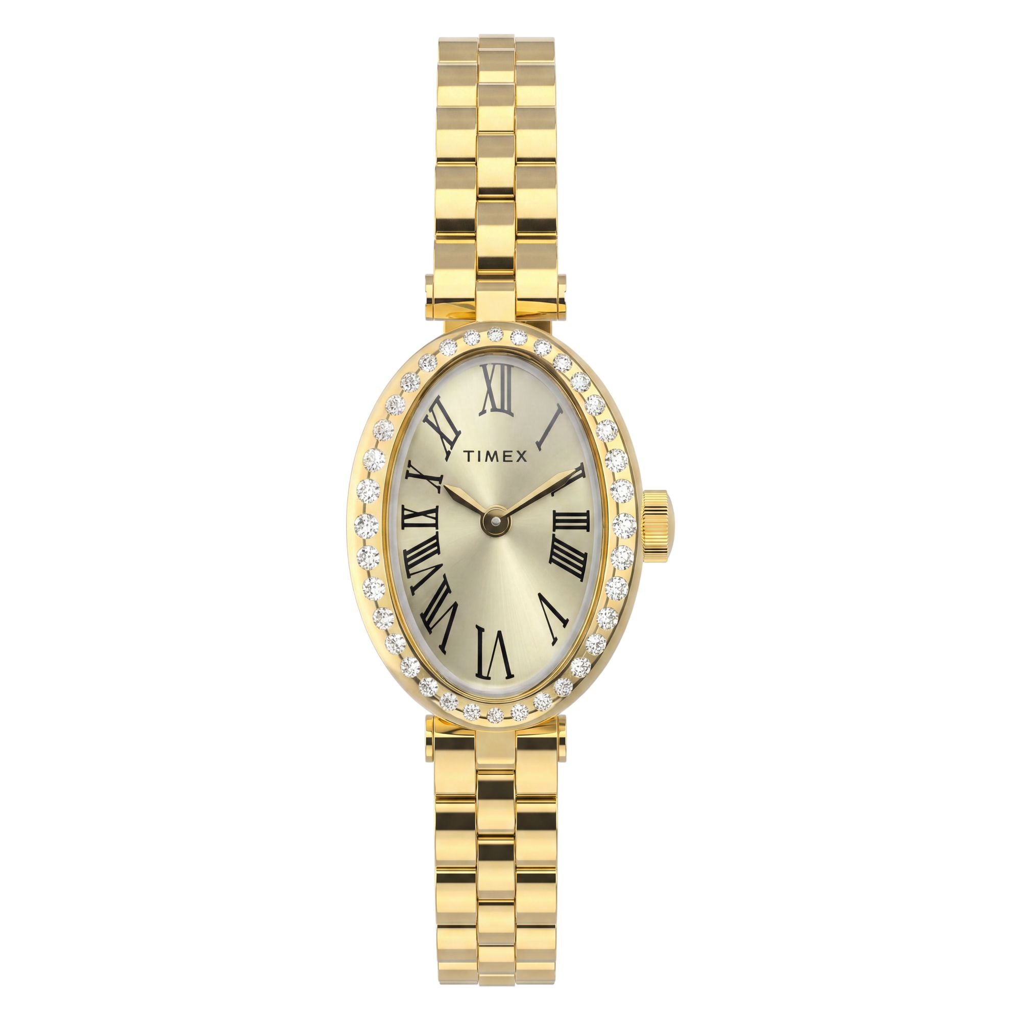 Timex Cavatina TW2Y90100 champagne dial with crystal-set bezel on a gold-tone bracelet, front-on