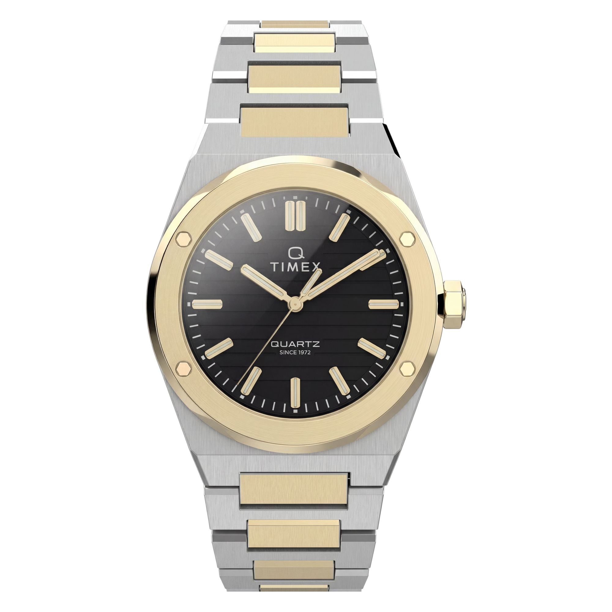 Timex Q Timex TW2Y81500 black ribbed dial with gold markers on a two-tone bracelet, front-on