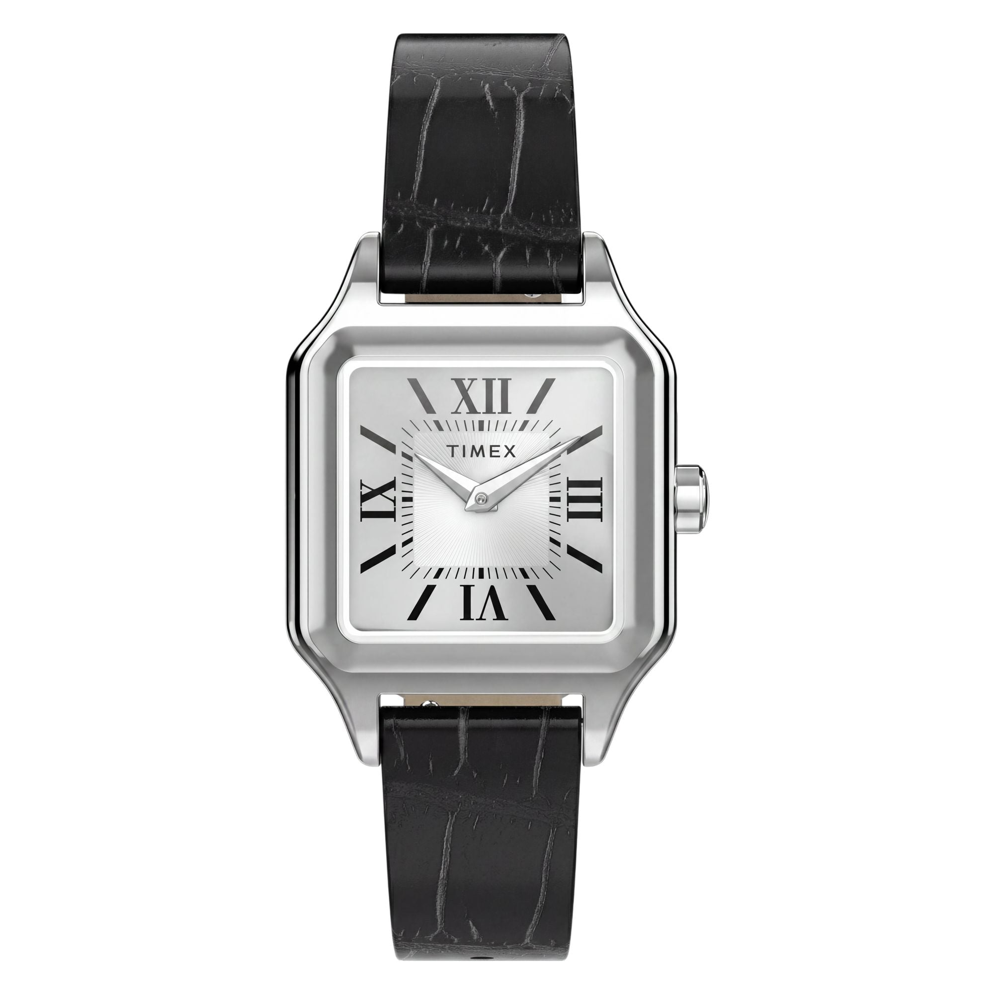 Timex Addison TW2Y90600 silver dial with Roman numerals on a black leather strap, front-on