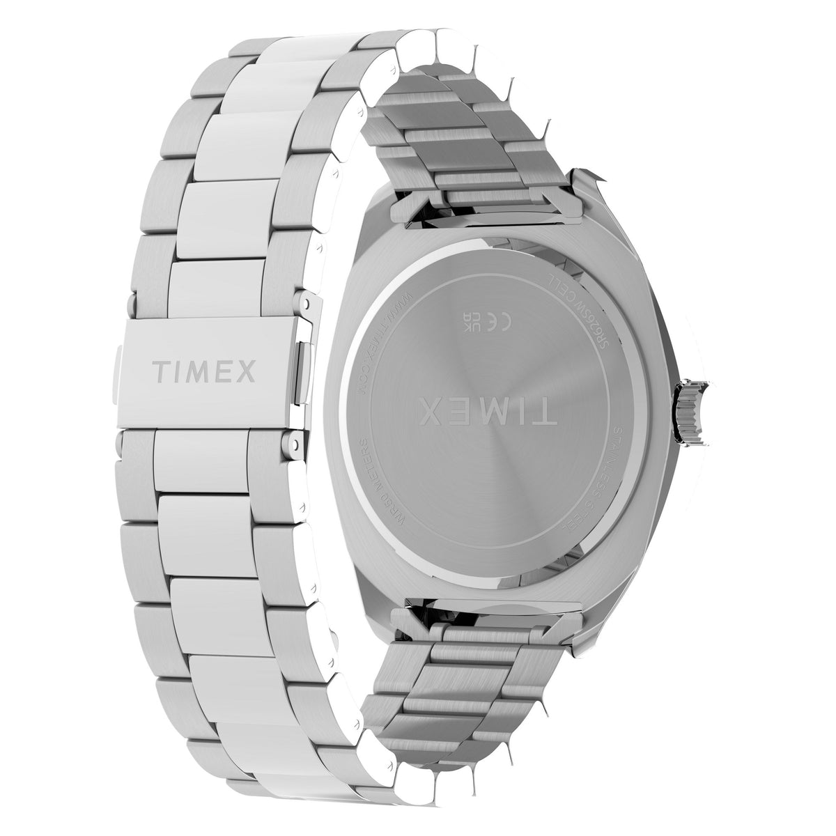 Timex Weston TW2Y89000 textured green dial on a stainless steel bracelet, rear three-quarter