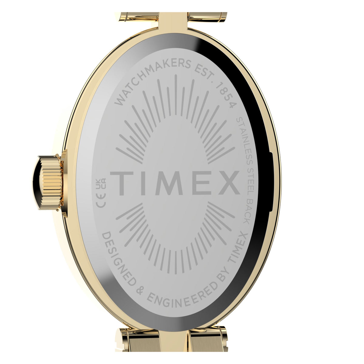 Timex Cavatina TW2Y90100 champagne dial with crystal-set bezel on a gold-tone bracelet, caseback