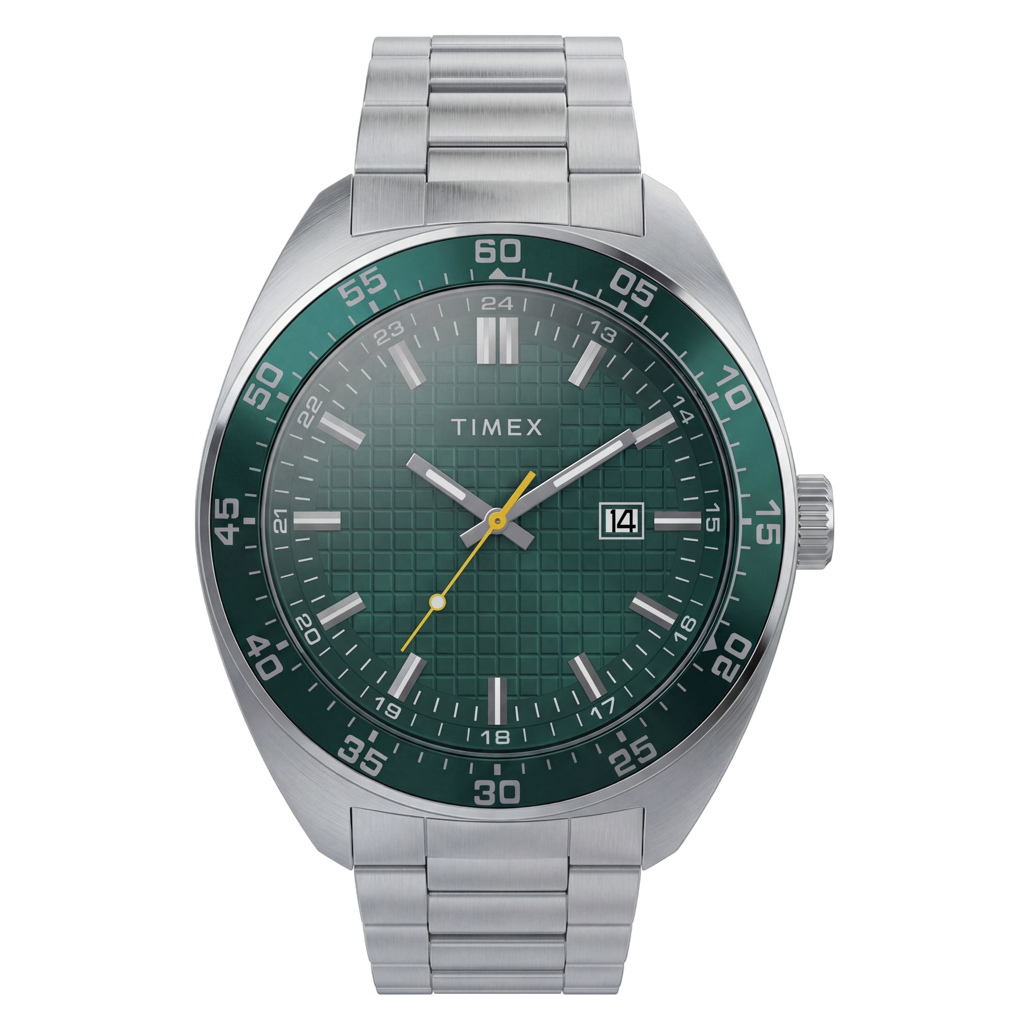 Timex Weston TW2Y89000 textured green dial on a stainless steel bracelet, front-on