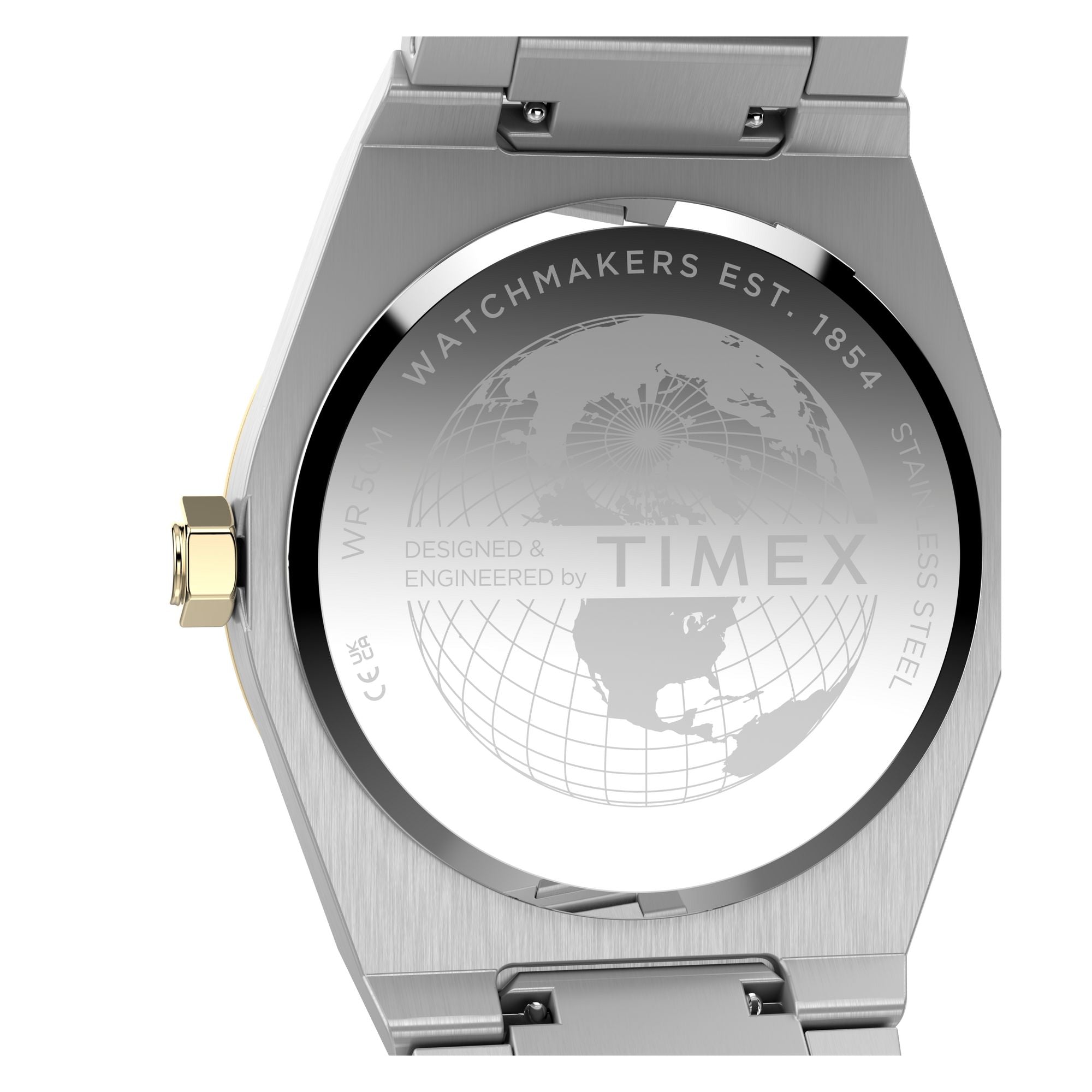 Timex Q Timex TW2Y81500 black ribbed dial with gold markers on a two-tone bracelet, caseback