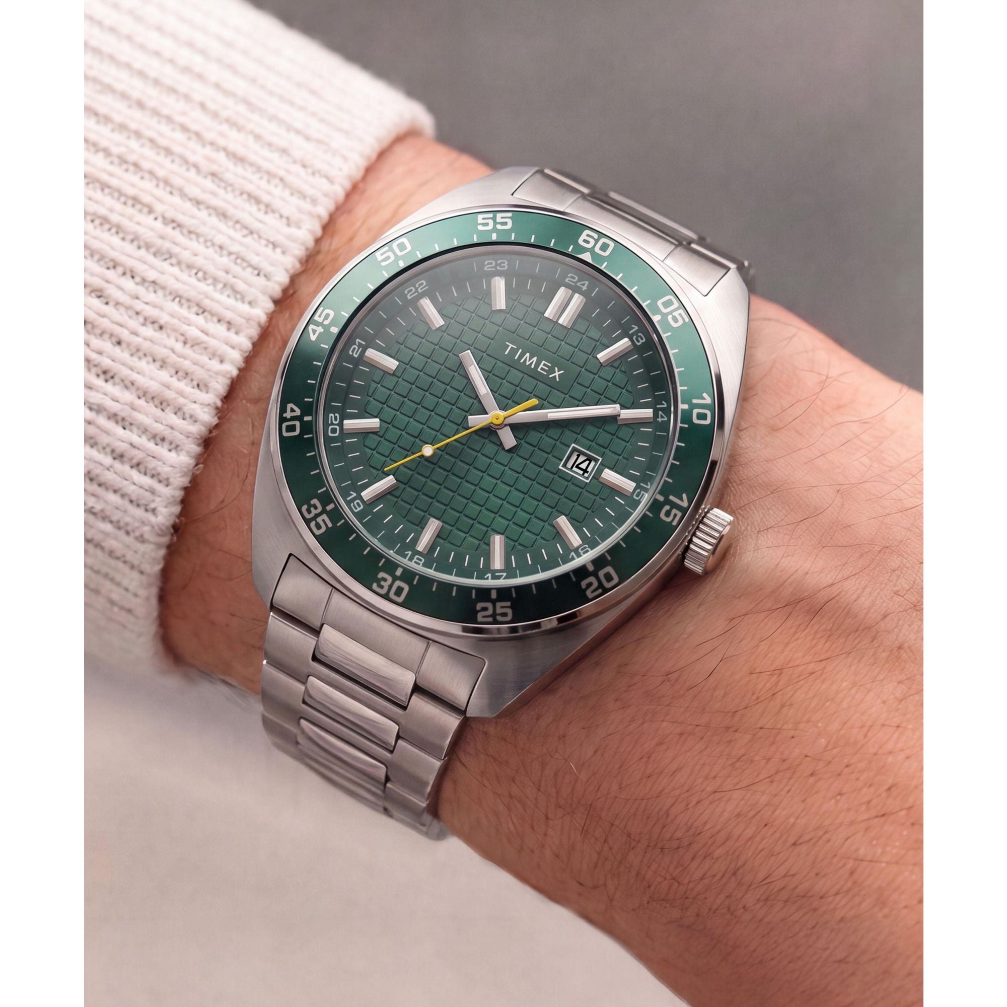 Timex Weston TW2Y89000 textured green dial on a stainless steel bracelet, worn on the wrist