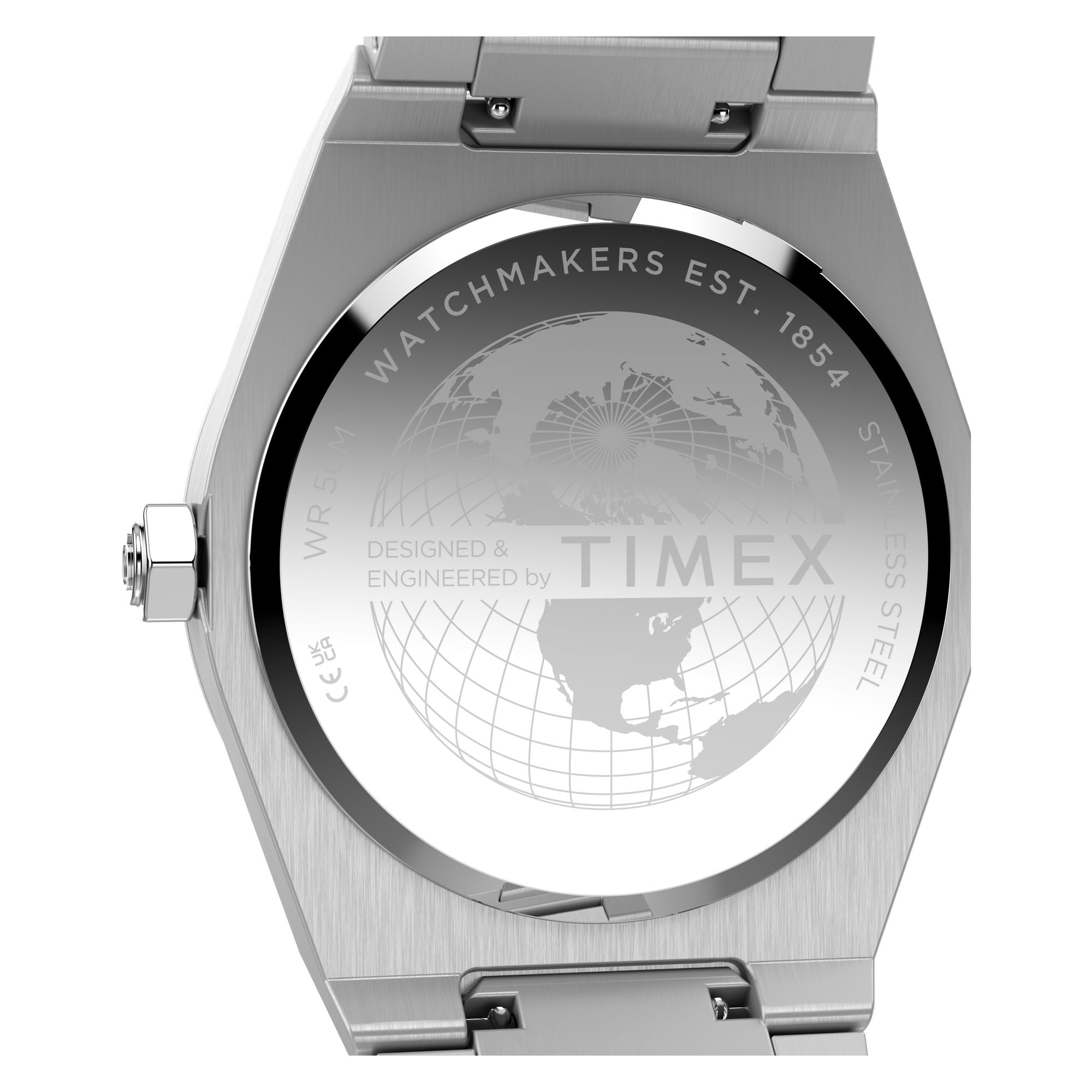 Timex Q Timex TW2Y81400 navy ribbed dial on a stainless steel bracelet, caseback
