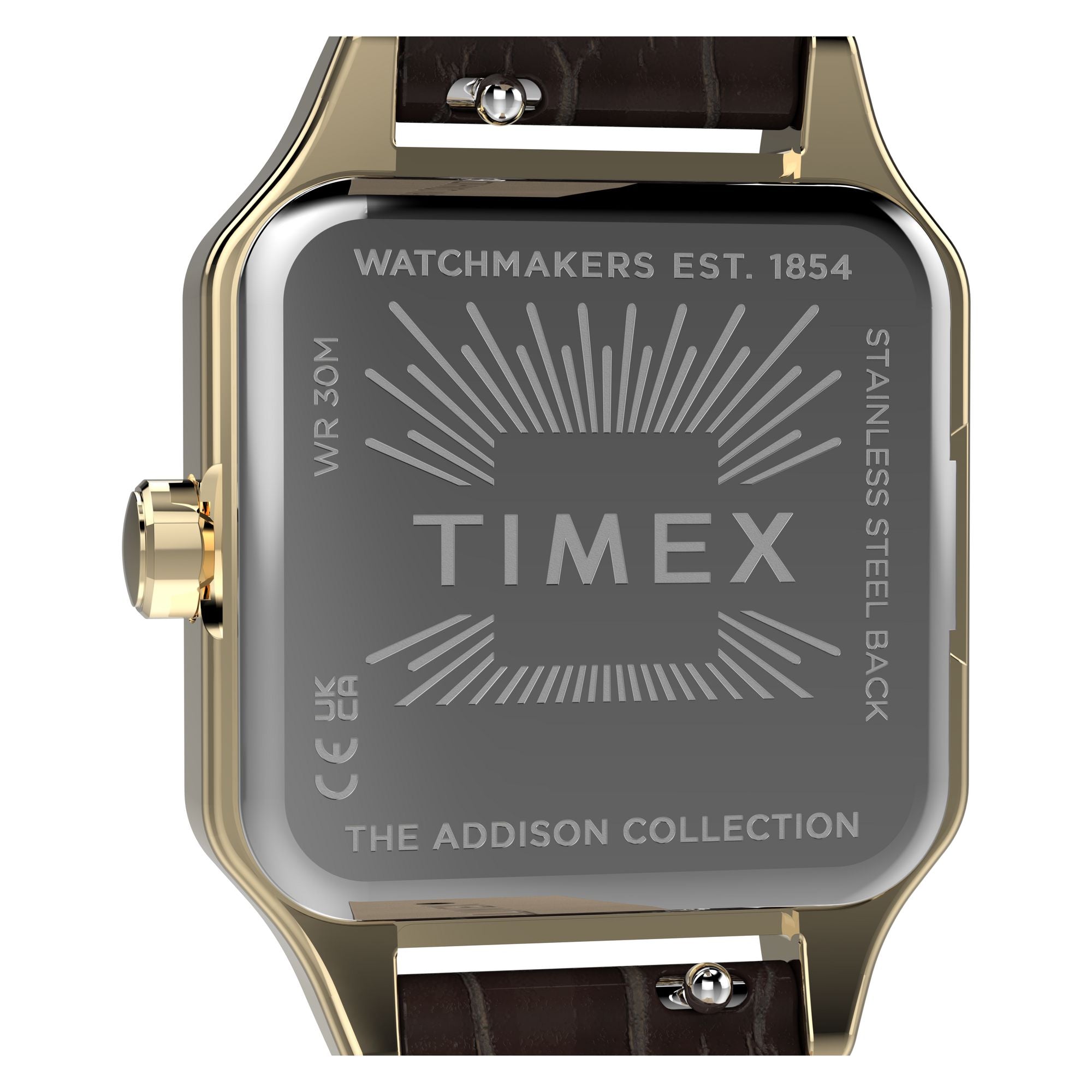 Timex Addison TW2Y90700 champagne dial with Roman numerals on a brown leather strap, caseback