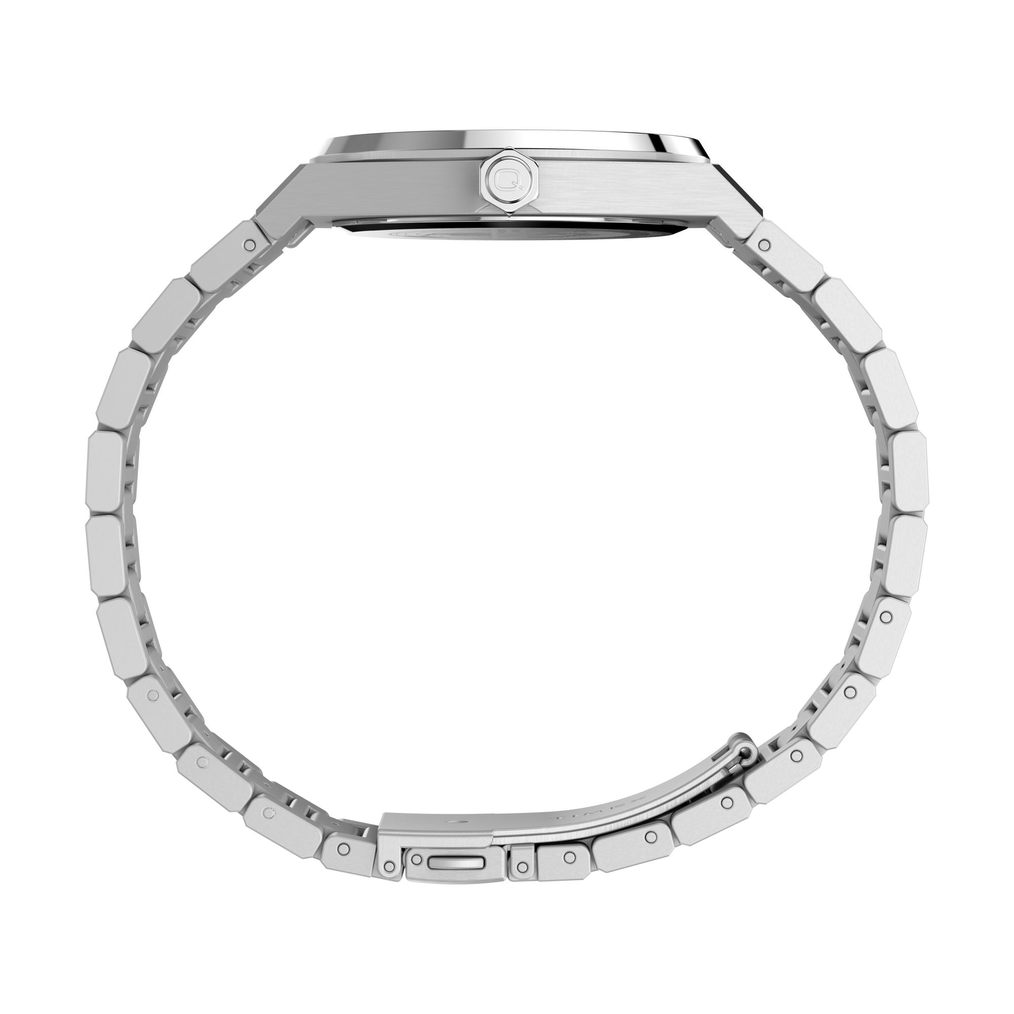 Timex Q Timex TW2Y81400 navy ribbed dial on a stainless steel bracelet, case profile