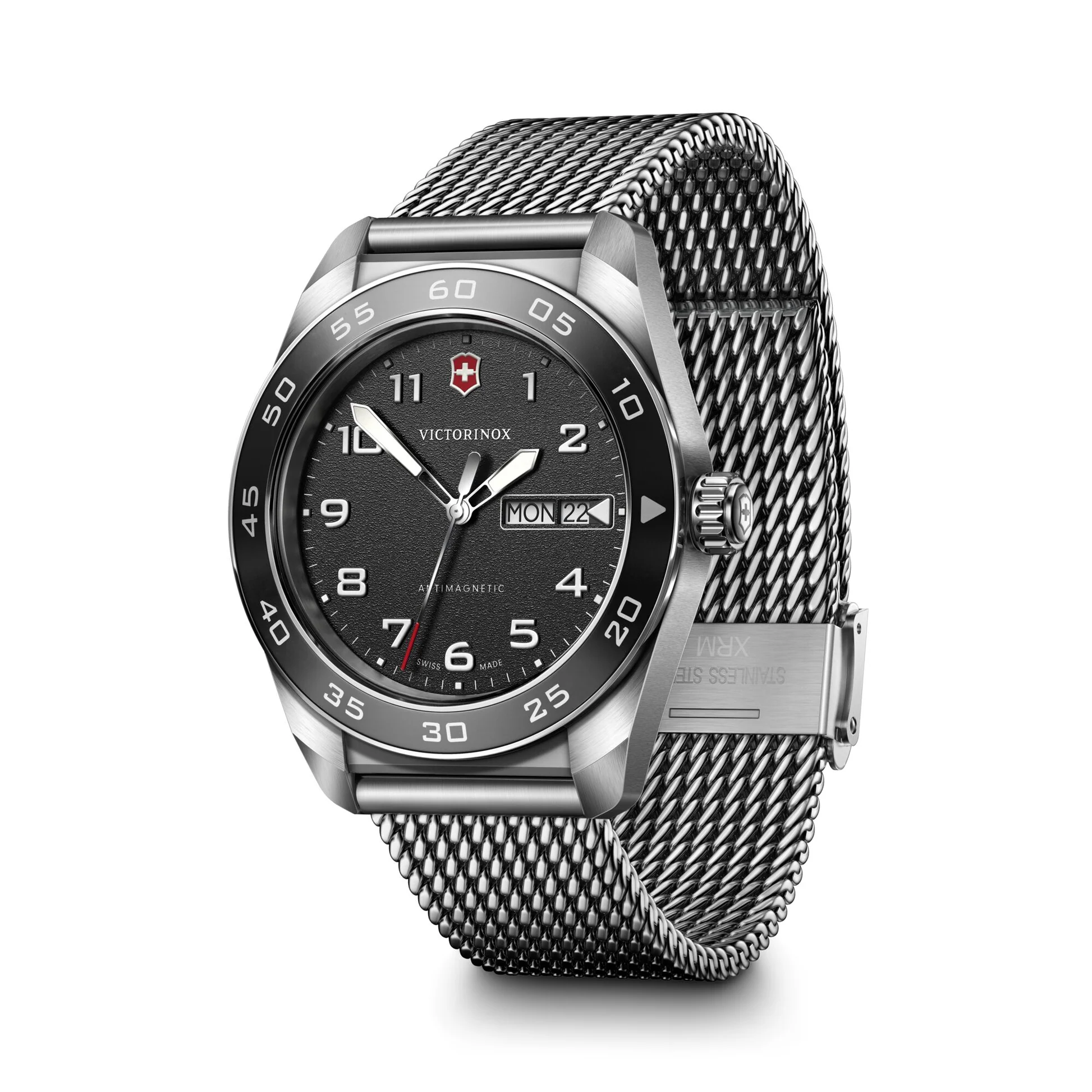 Victorinox Swiss Army Black Dial Mesh Stainless Steel Band Mens Watch 242043