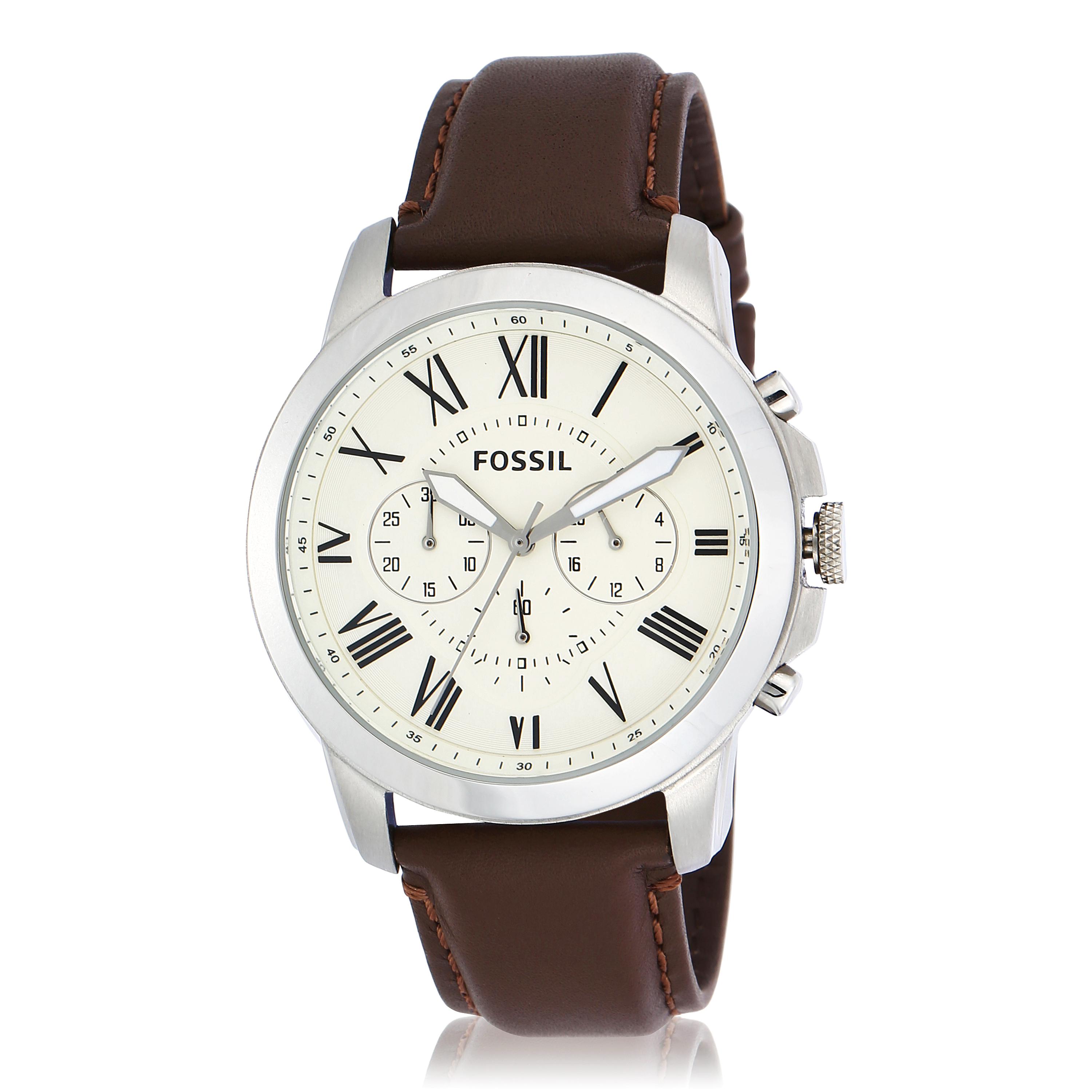 Fossil Grant Chronograph Cream Dial Brown Leather Watch FS4735