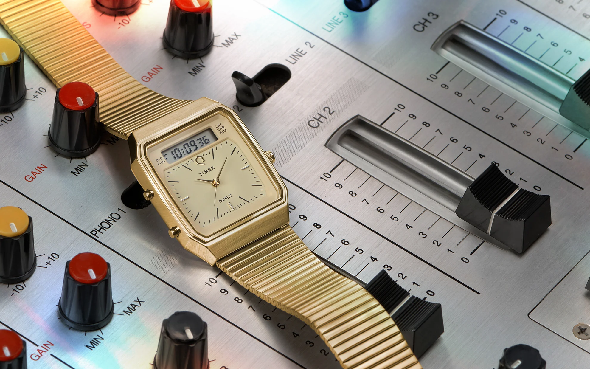 Q Timex® 1982 Ana-Digi Reissue 33mm Gold Stainless Steel Bracelet Watch TW2Y06000