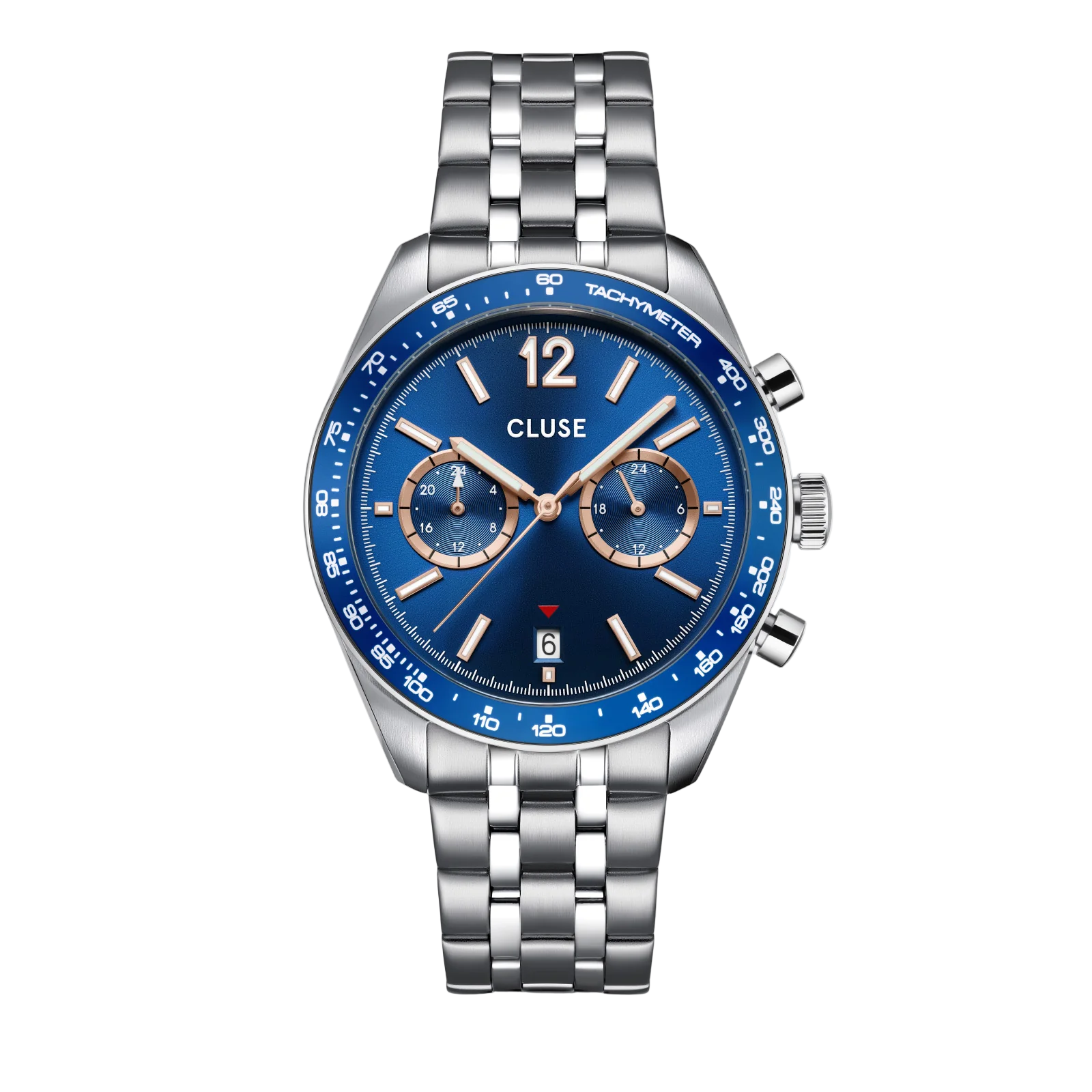 CLUSE Aravis Dual Time Chronograph Blue Dial Stainless Steel Link Band Watch CW25601