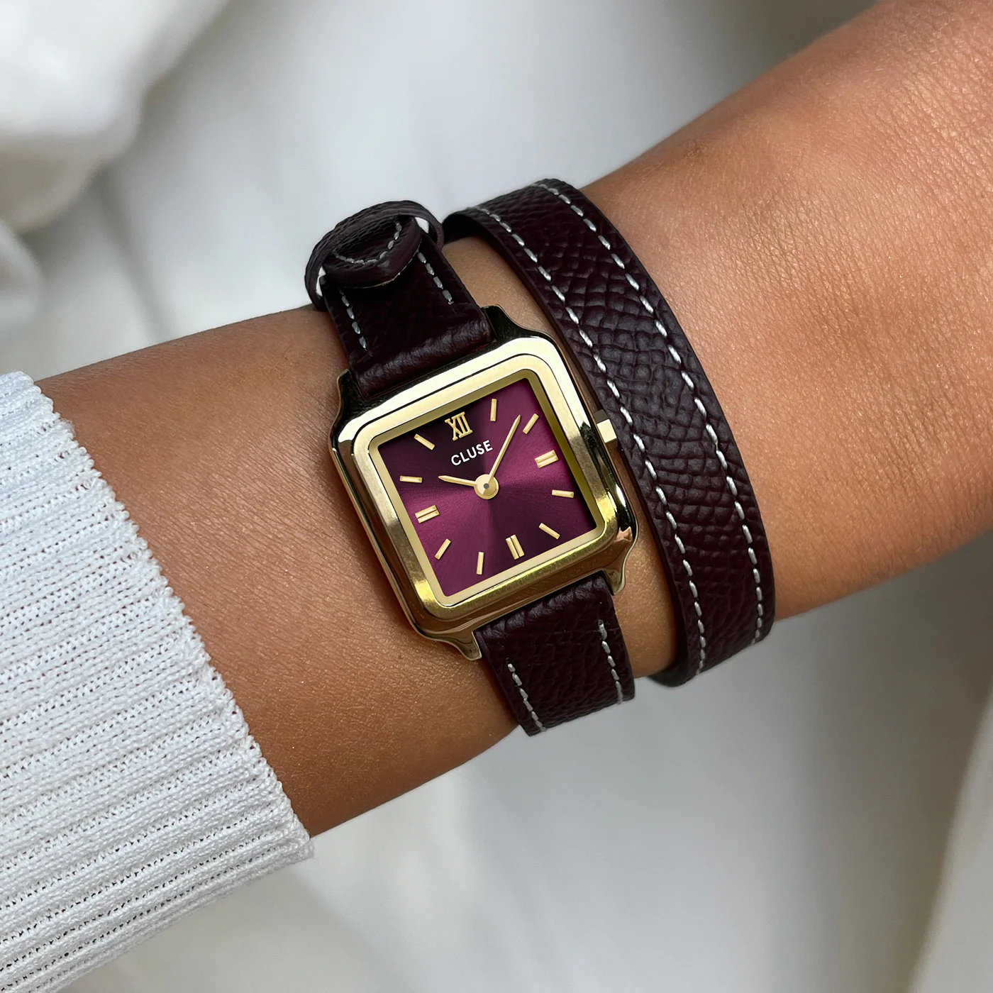 CLUSE Gracieuse Burgundy Mini Burgundy Leather Double Wrap Band CW15503