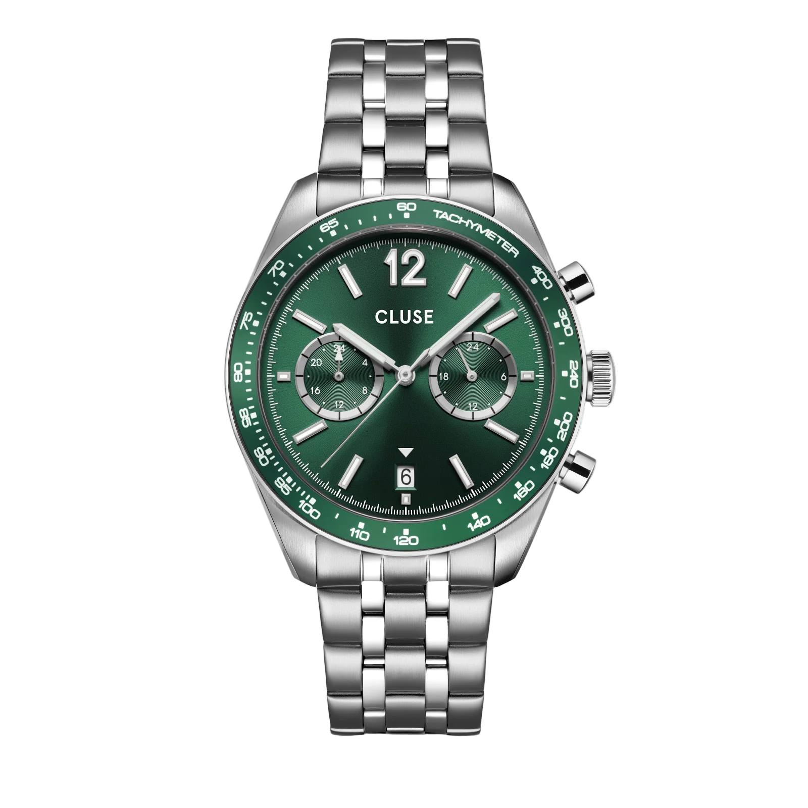 CLUSE Aravis Dual Time Chronograph Green Dial Stainless Steel Link Band Watch CW25602