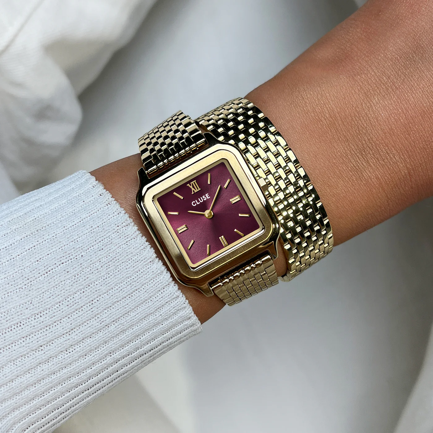 CLUSE Gracieuse Gold Stainless Steel Double Wrap Band Red Wine Dial CW11910
