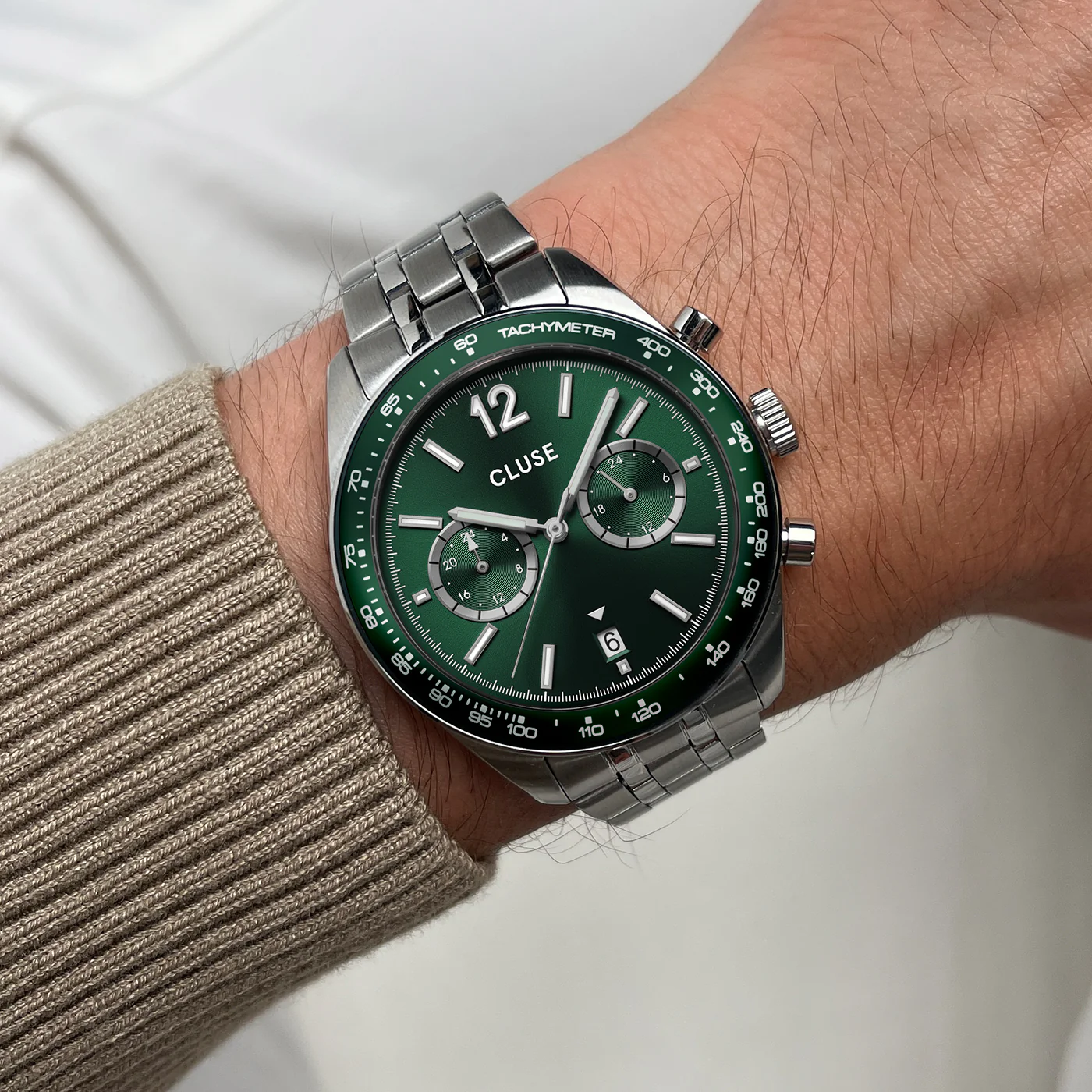 CLUSE Aravis Dual Time Chronograph Green Dial Stainless Steel Link Band Watch CW25602