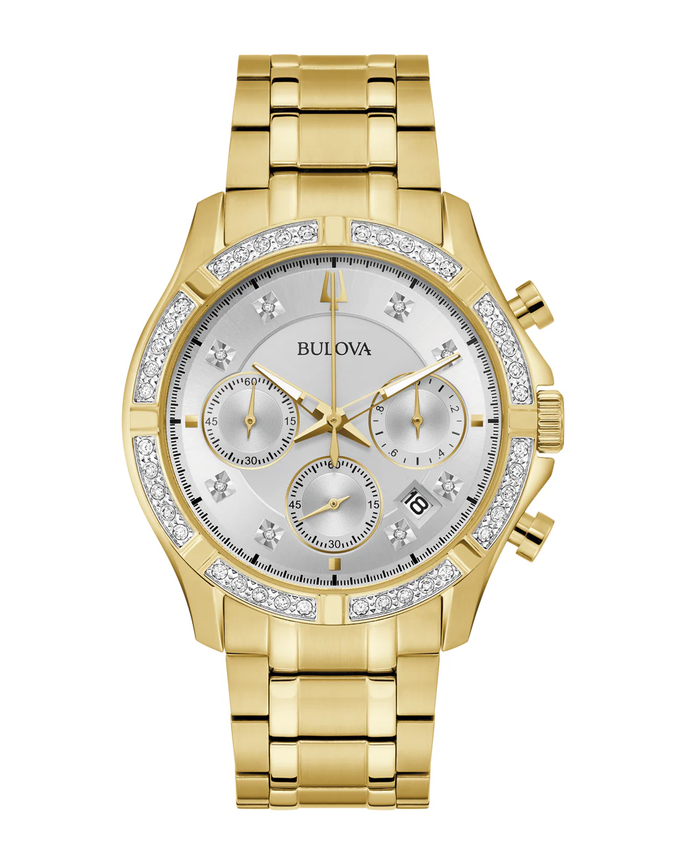 Bulova Sutton Chronograph Diamond Gold Stainless Steel Band Silver Dial Watch 98E113