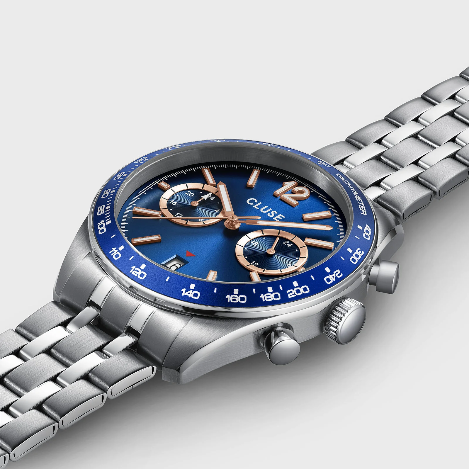 CLUSE Aravis Dual Time Chronograph Blue Dial Stainless Steel Link Band Watch CW25601