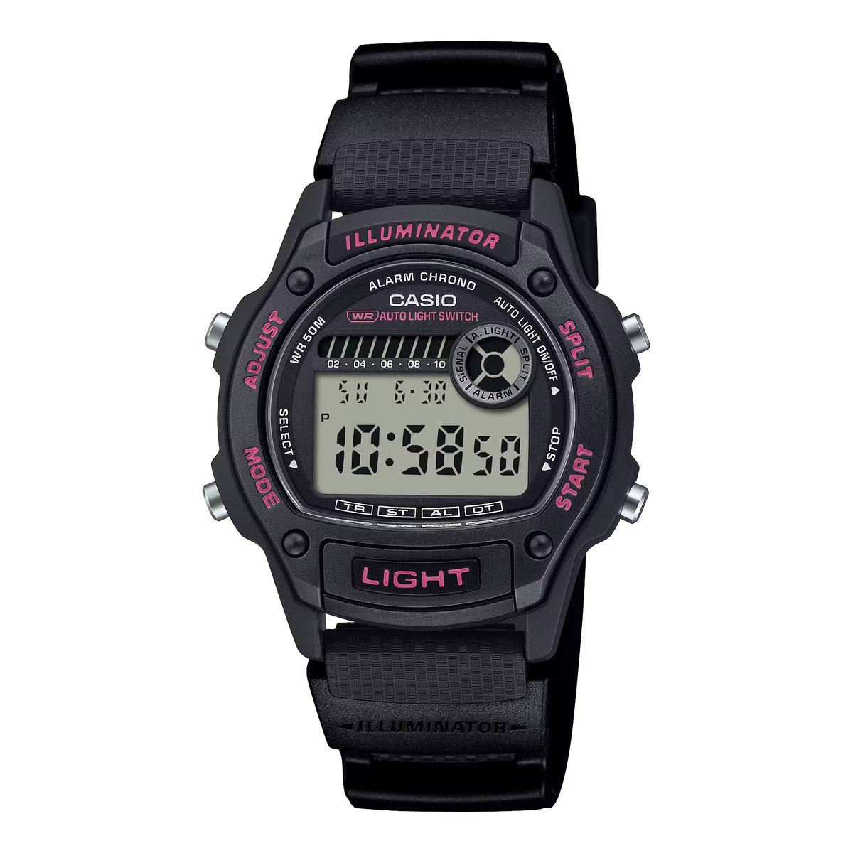 Casio Digital Mid Sized Watch Black Rubber Band Pink Accents W220H-1A2