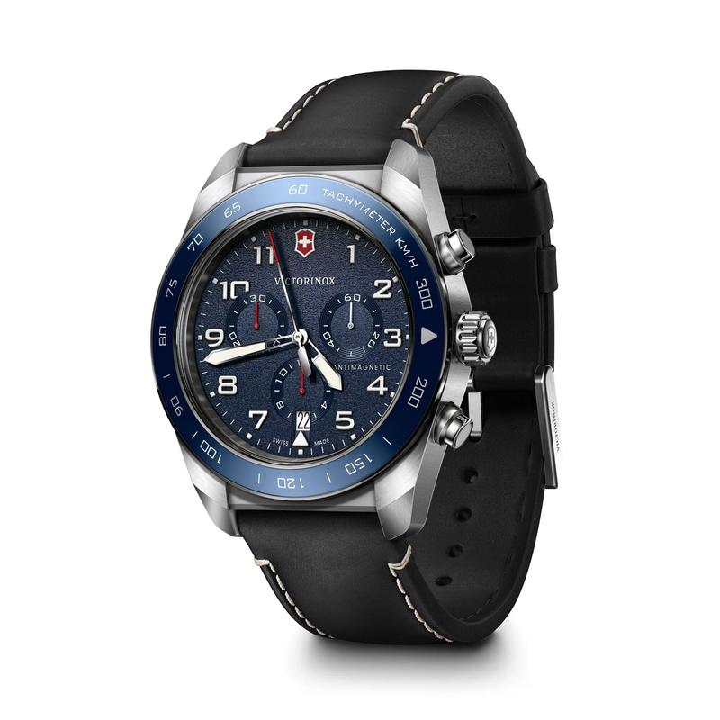 Victorinox Swiss Army Chrono Blue Dial Black Leather Band Mens Watch 242047