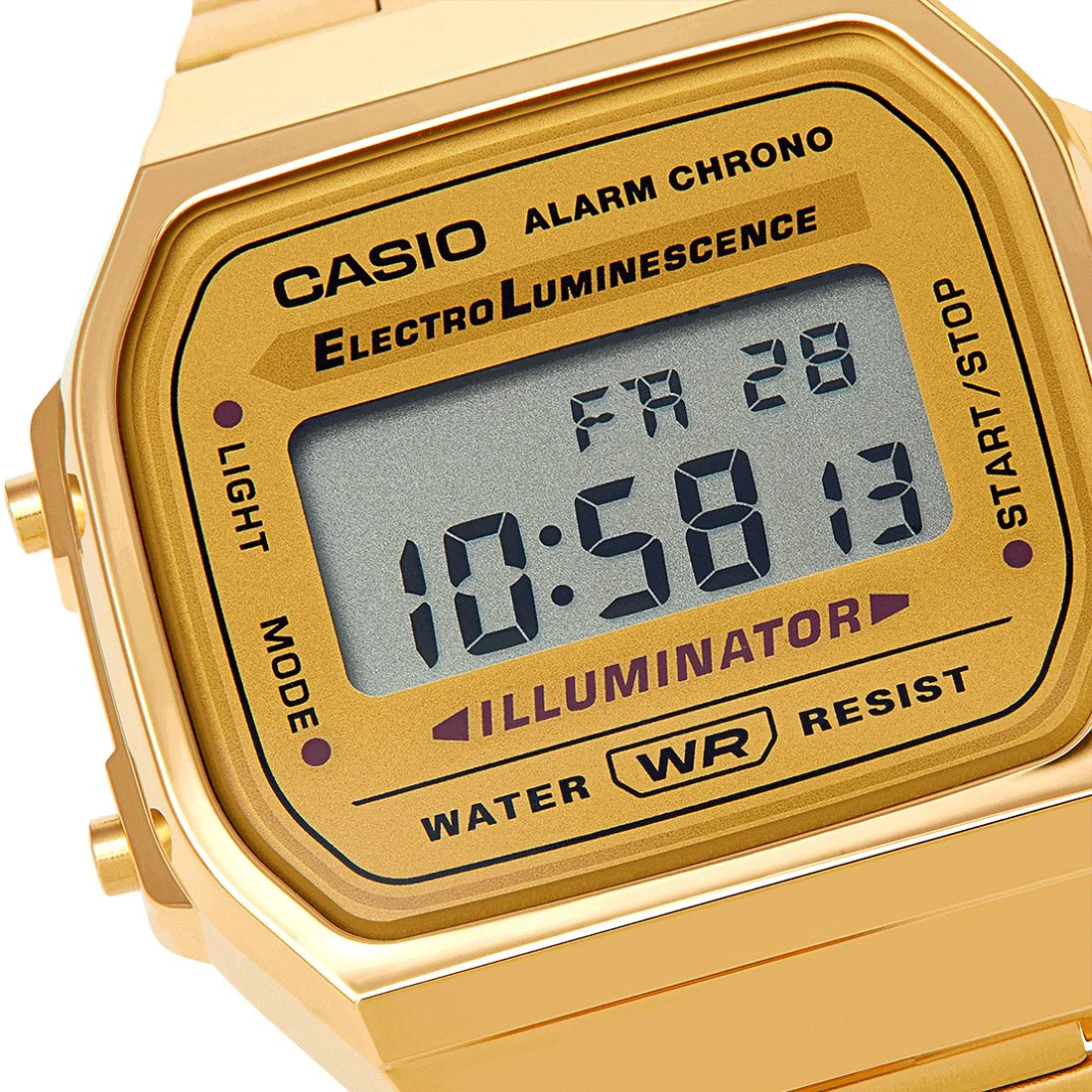 Casio Digital Alarm Chrono Gold Stainless Steel Unisex Watch A168WG-9W