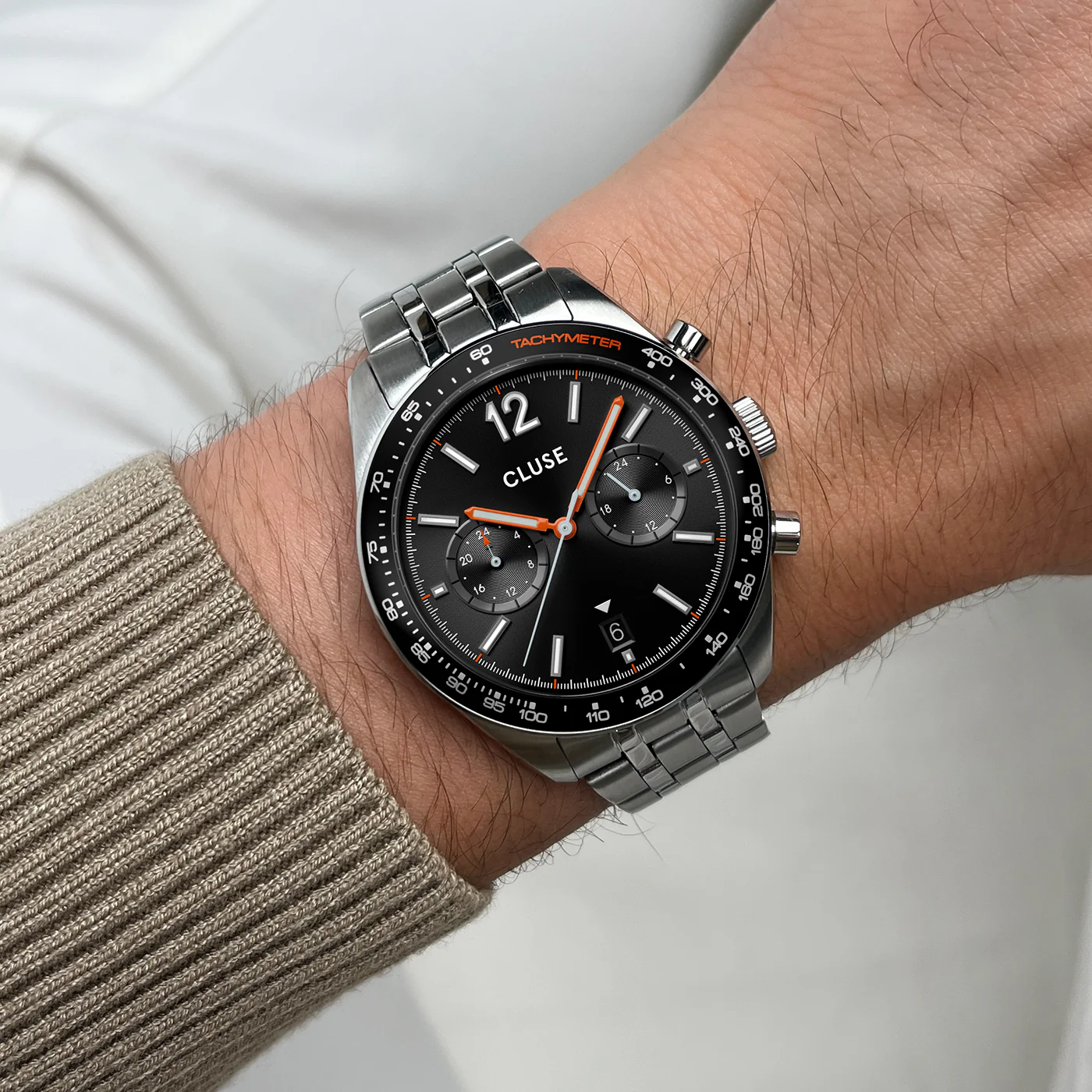CLUSE Aravis Dual Time Chronograph Black Dial Stainless Steel Link Band Watch CW25603
