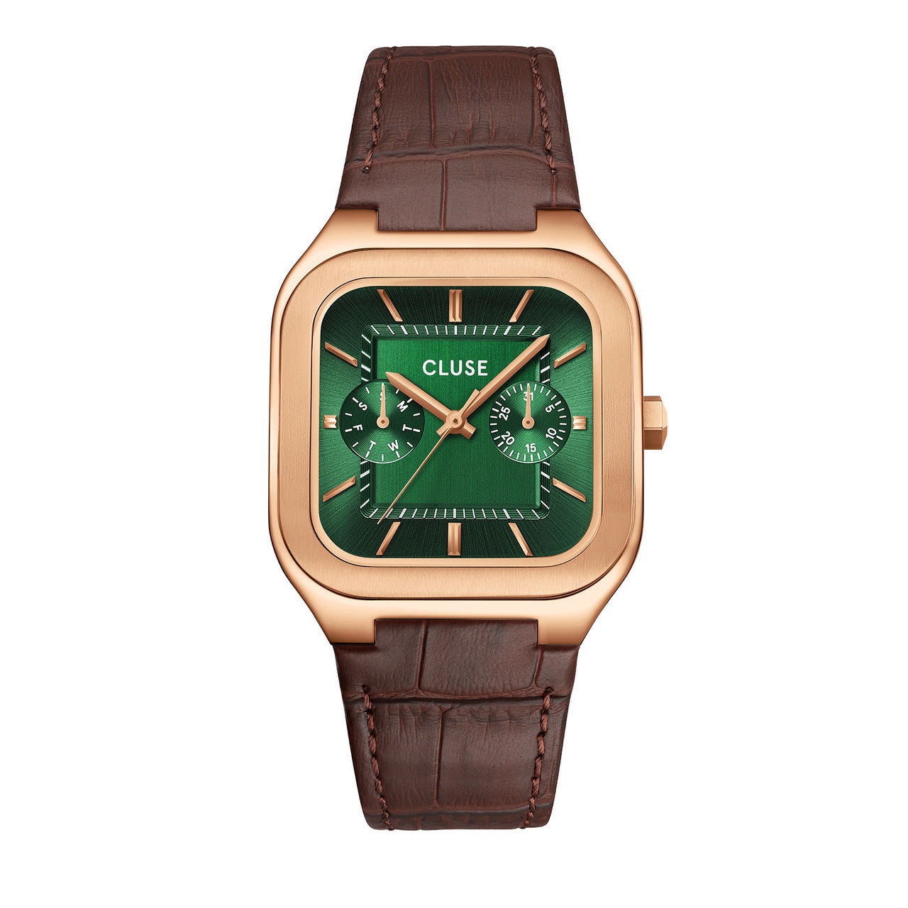 CLUSE Quadrus Multifunction Brown Leather Band Green Dial Rose Gold Men's Watch CW26205