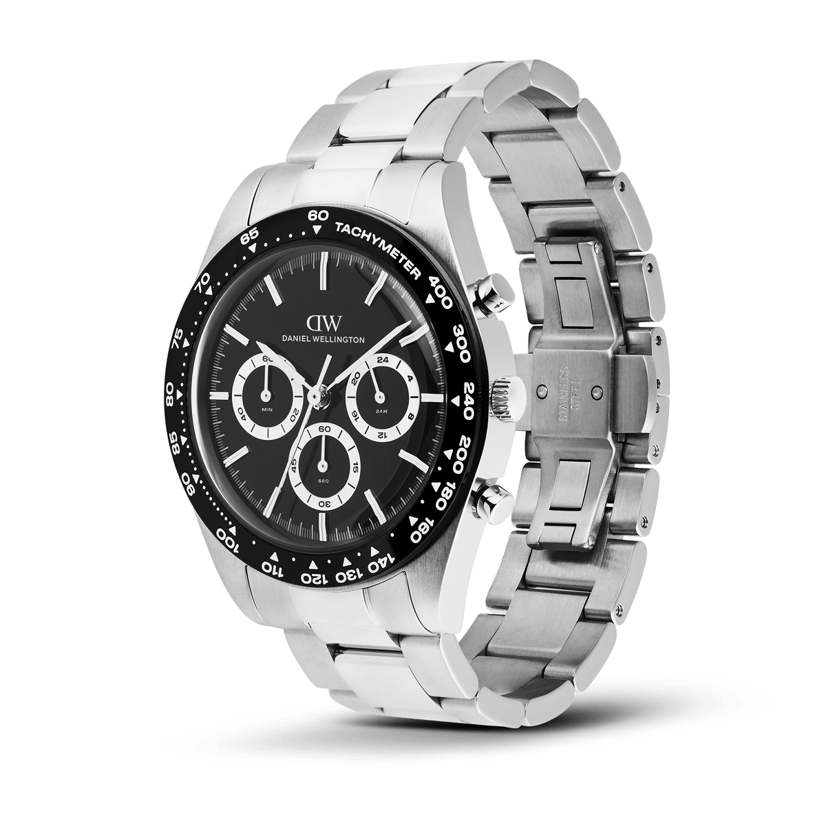 Daniel Wellington Iconic Tachymeter 3-Link Black Silver DW00100947 men's watch with black plain dial and silver link strap