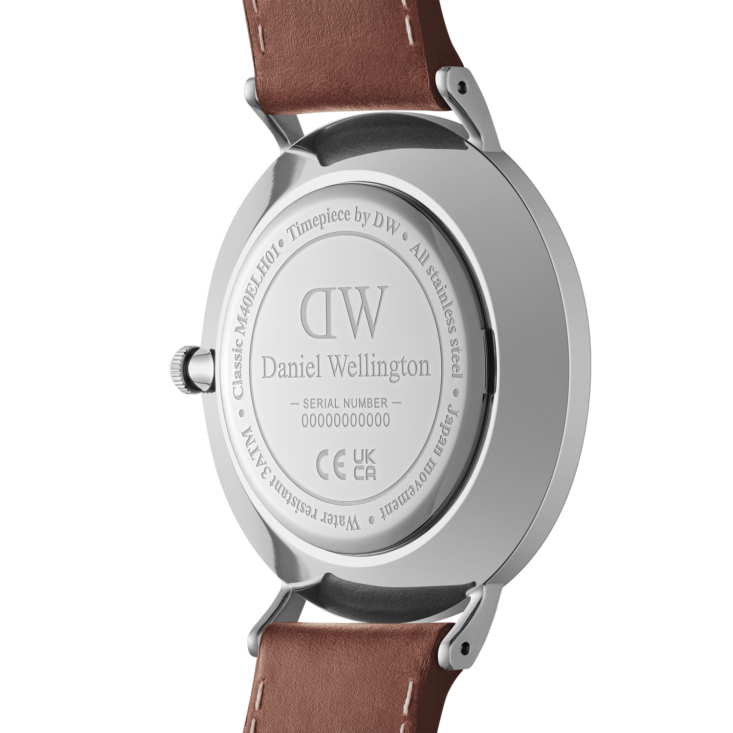Back of a Daniel Wellington wristwatch with a brown leather strap.