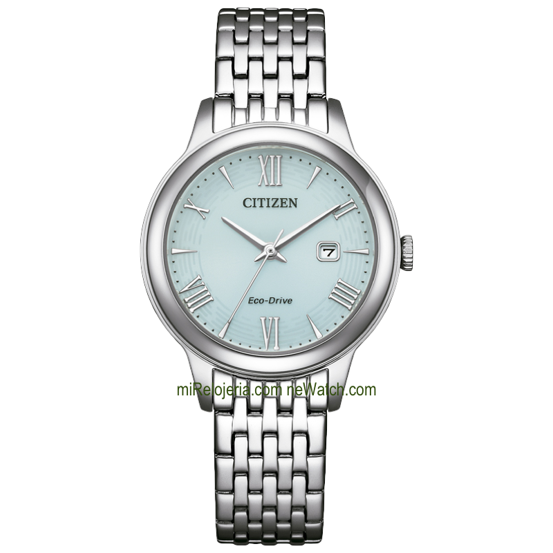 Citizen EW2621-59M green dial ladies watch, angled view showing case and steel bracelet